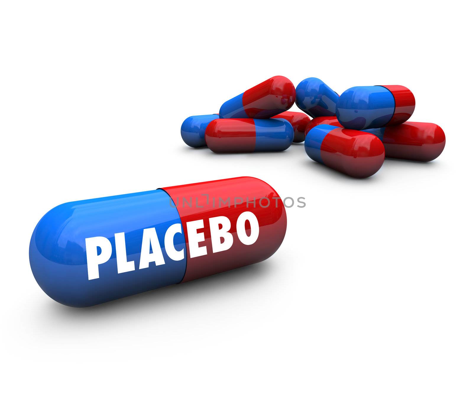 Close-up of some pills, with one featuring the words Placebo, symbolizing the test sample of a medicine that is given to a control group in medical research, one that contains no real medicinal value