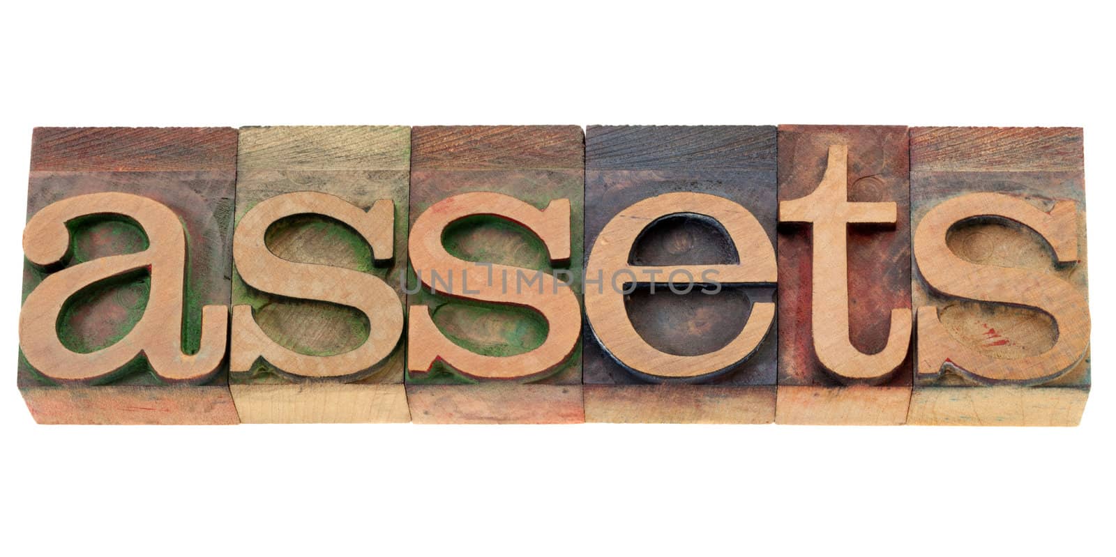 assets - isolated word in vintage wood letterpress printing blocks