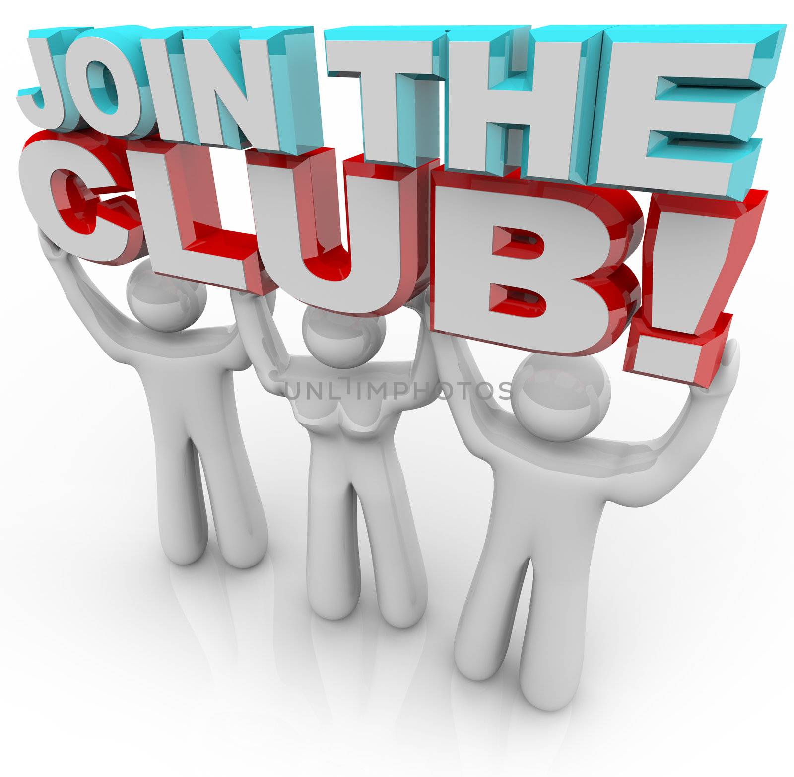 Three people - two men and one woman - hold 3d letters reading Join the Club, representing the personal satisfaction and growth that someone can feel when becoming a member of an organization or group with a common goal