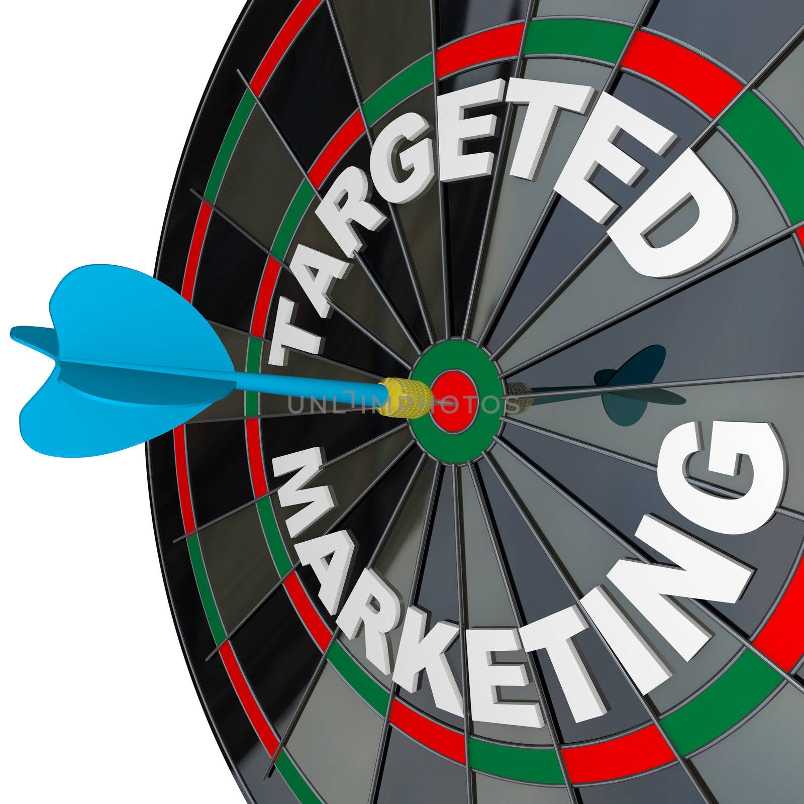 A blue dart hits a bulls-eye in the target on a dart board marked Targeted Marketing illustrating a successful advertising campaign that aims to reach a niche market