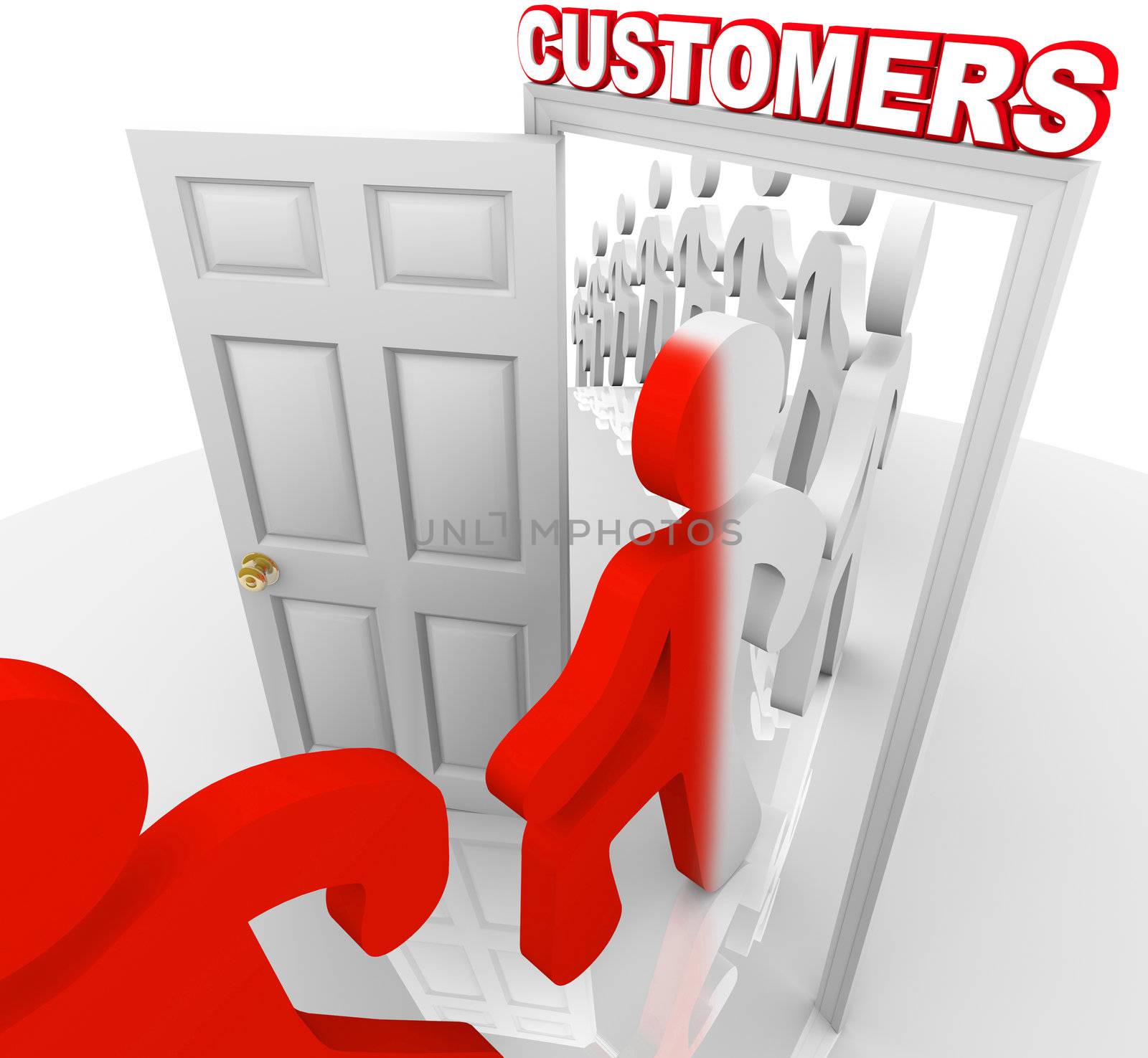 A line of people step through a doorway marked Customers and become transformed from prospects into new buyers, illustrating a successful marketing to selling process and campaign