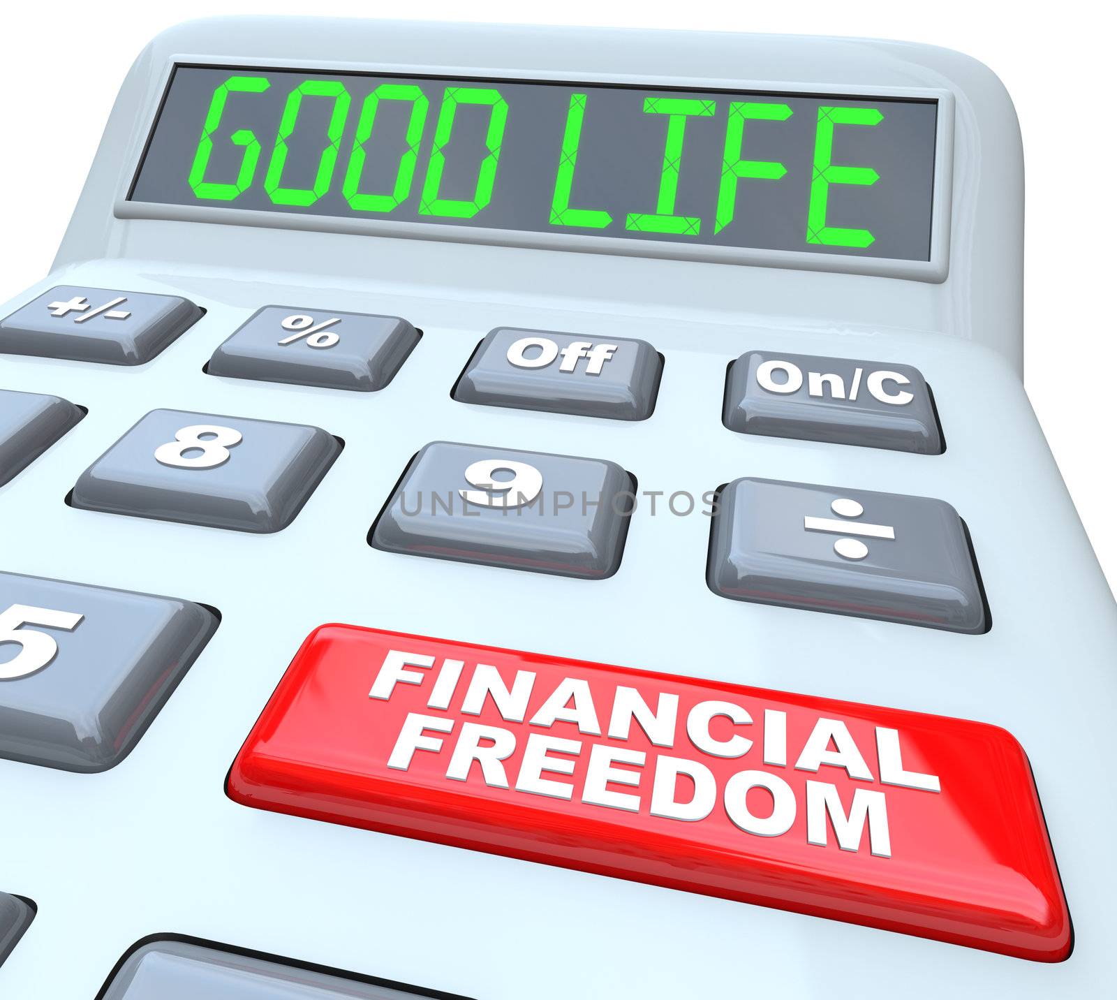 The words Good Life on a calculator digital display, symbolizing being the luxurious lifestyle one can afford when money is no longer a worry, and a red button with the words Financial Freedom