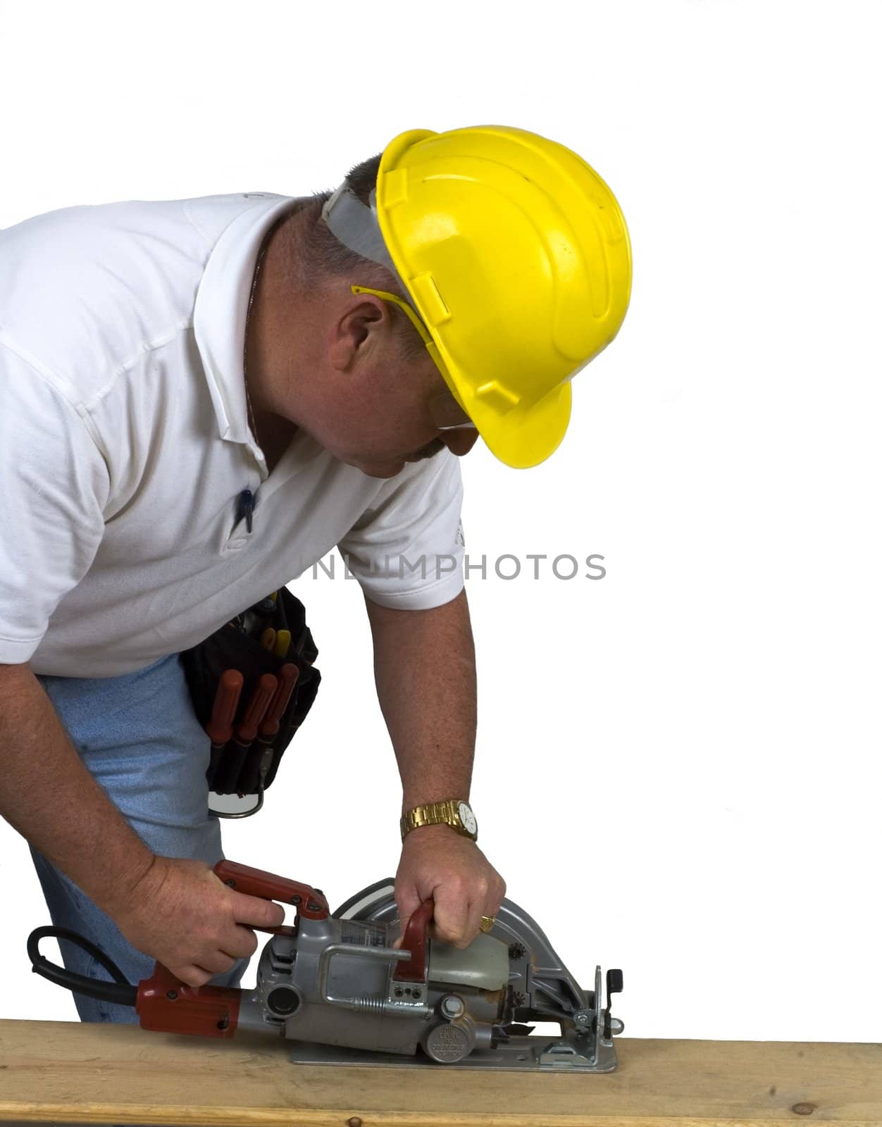 Carpenter using nail gun to repair box