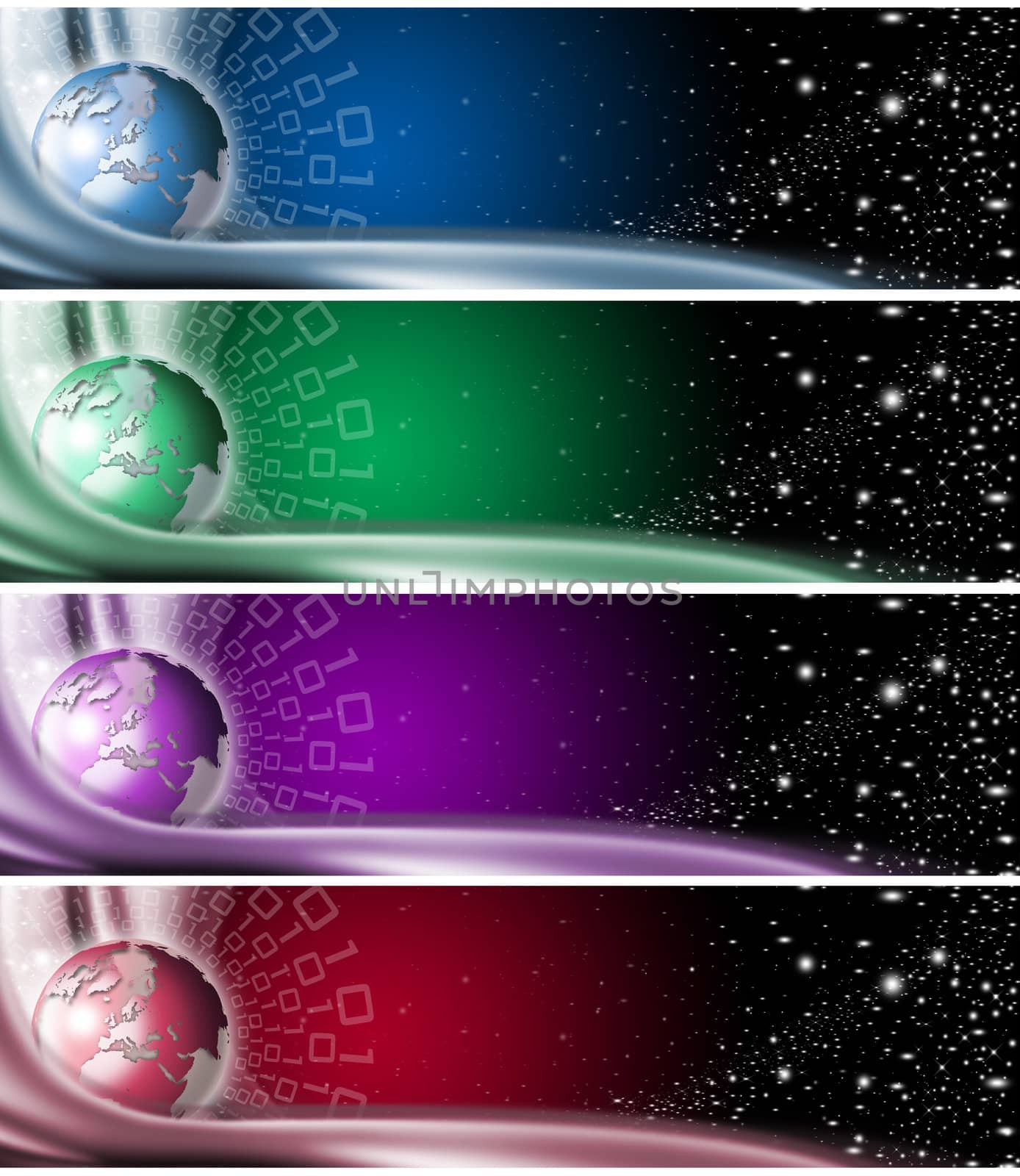 Four technologic banners or backgrounds with astral space, globe, stars and binary code