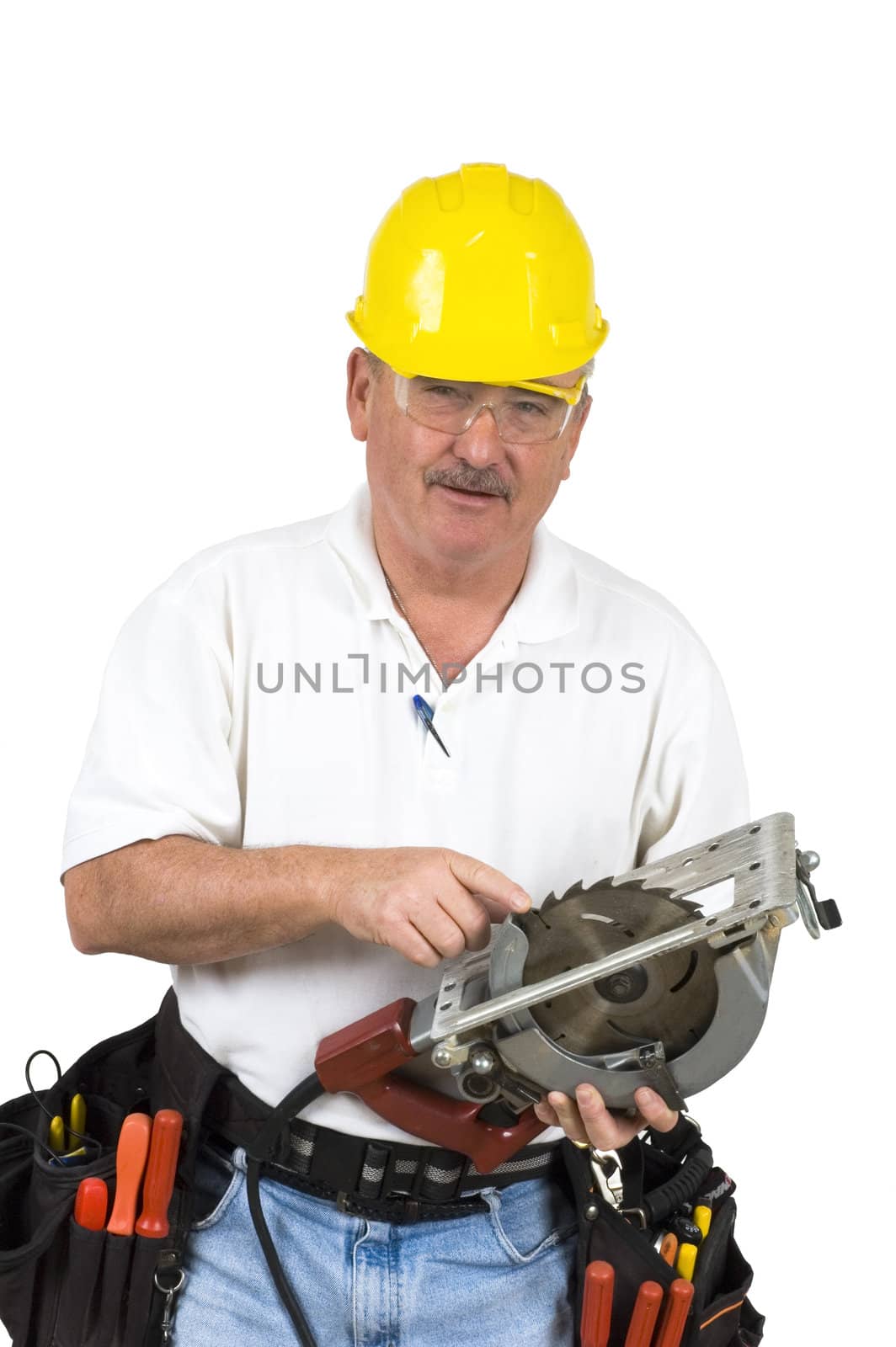 Carpenter checking teeth on saw over a white backgeround