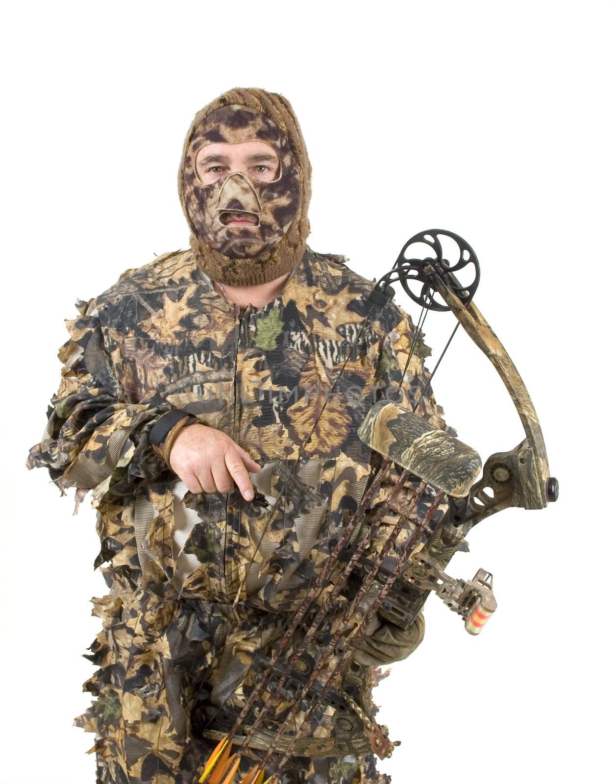 Bowhunter in 3D camo over a white background