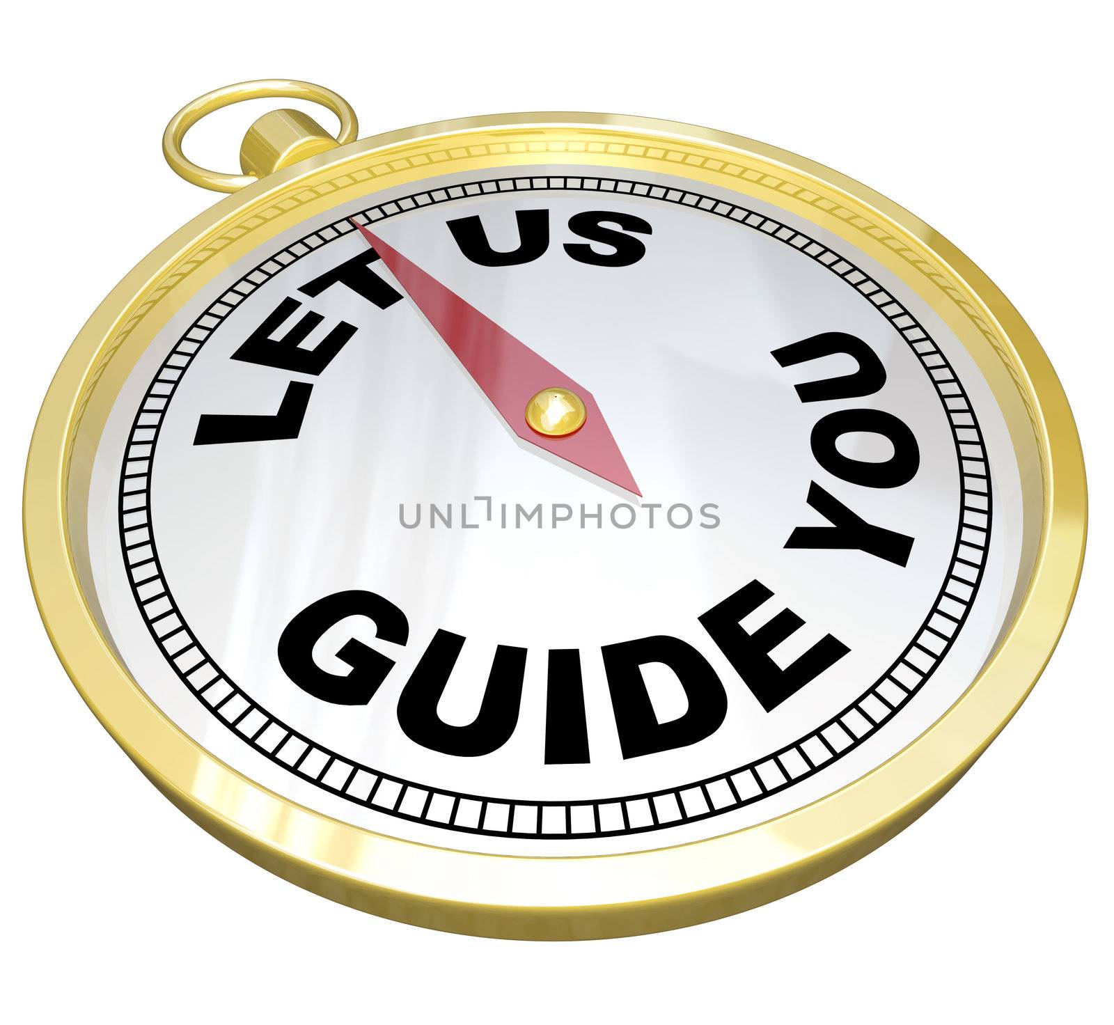 A gold compass with the words Let Us Guide You representing the offering of help, advice, customer service, moral support or general assistance to someone in need