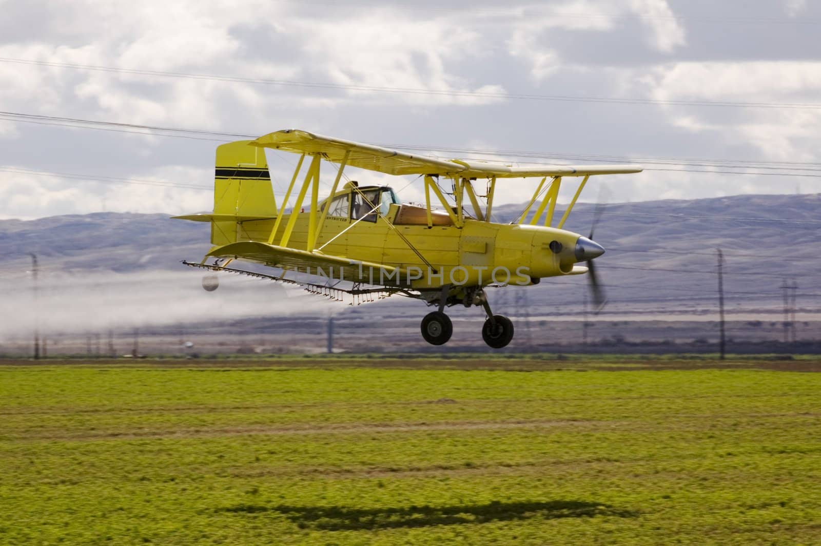 Aircraft-Crop duster spraying fields with chemical insecticides to prevent spoilage