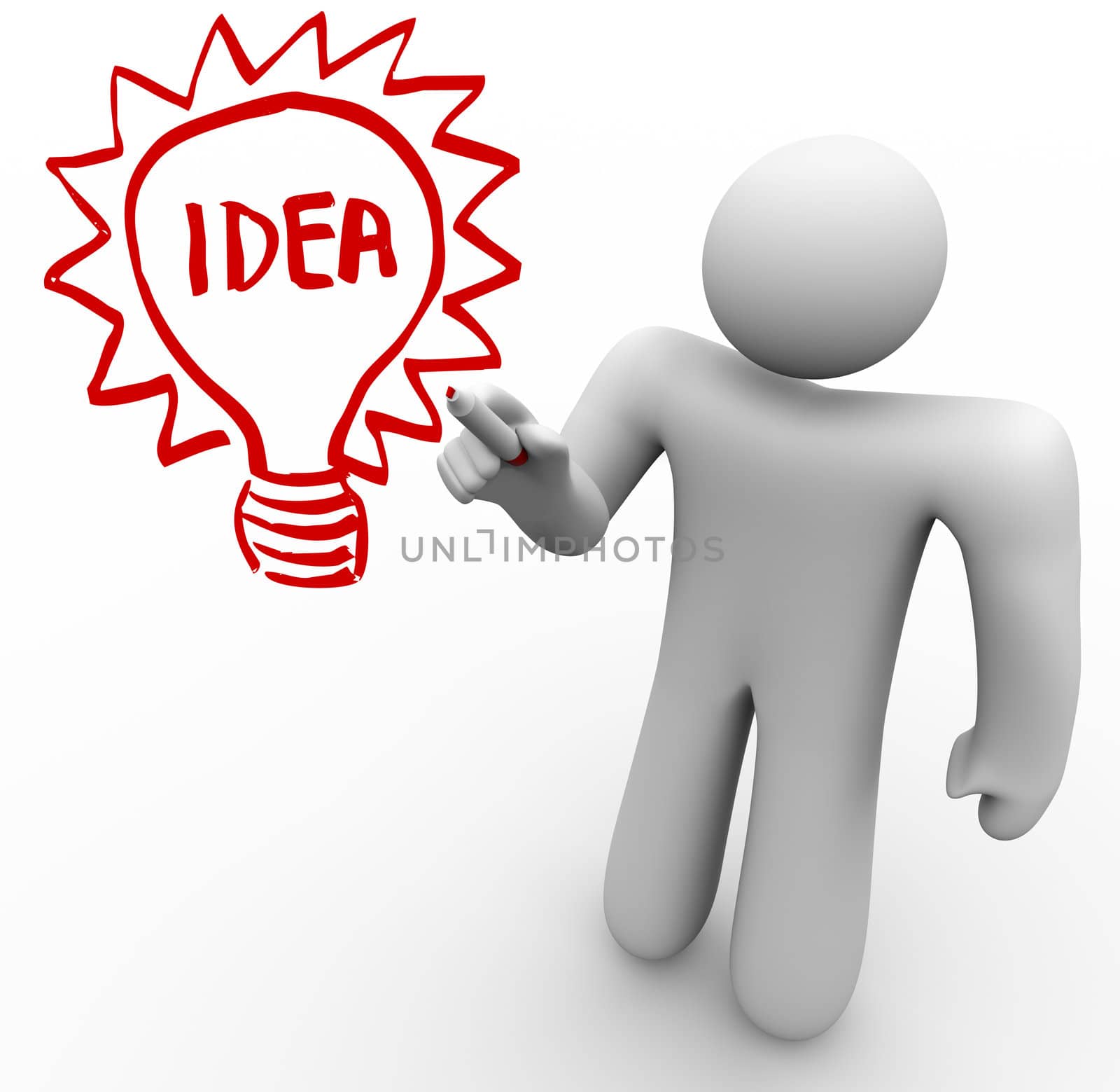 A person stands before a clear glass board and draws a light bulb with the word Idea in it as he brainstorms and thinks of an innovation that solves a problem