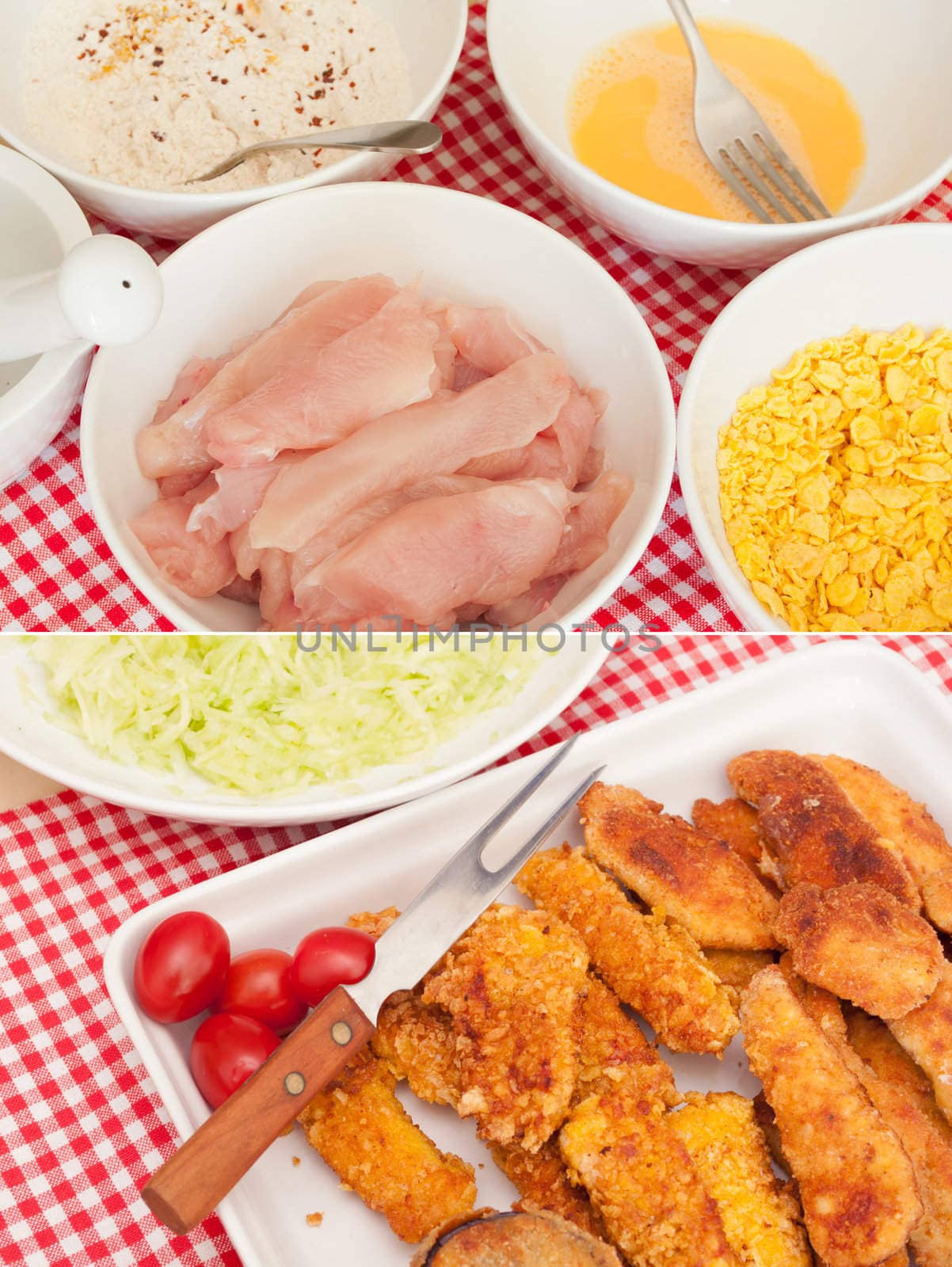 Fried Chicken Strips - Ingredients (Meat, Corn Flakes, Egg and Flour With Spices - and Ready Meal