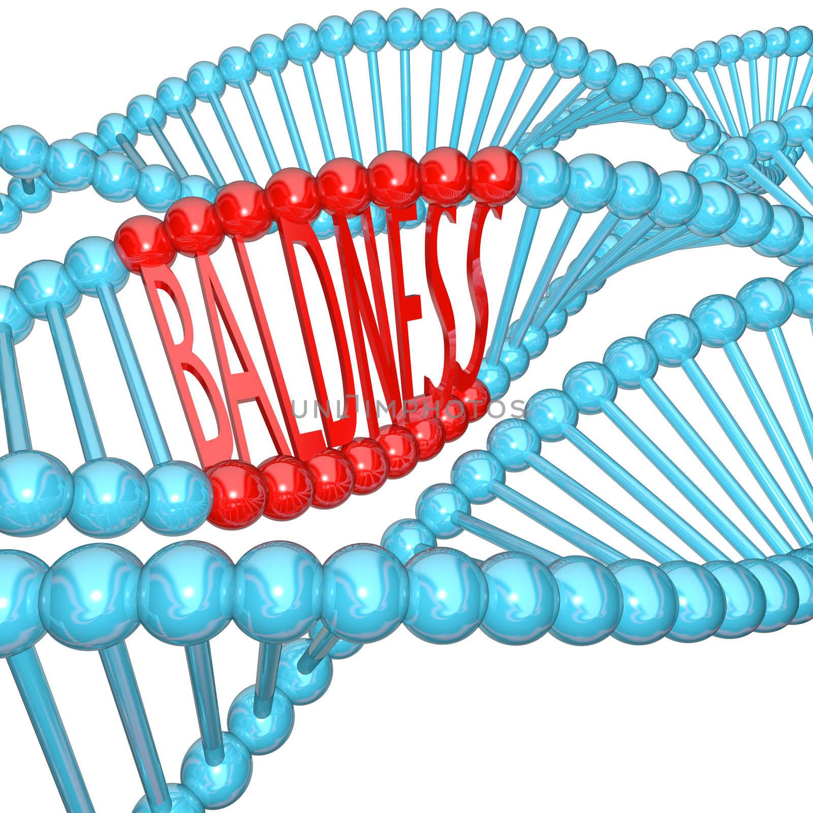 The word Baldness hidden in strands of DNA, representing the cause of balding in your genes -- it's hereditary!