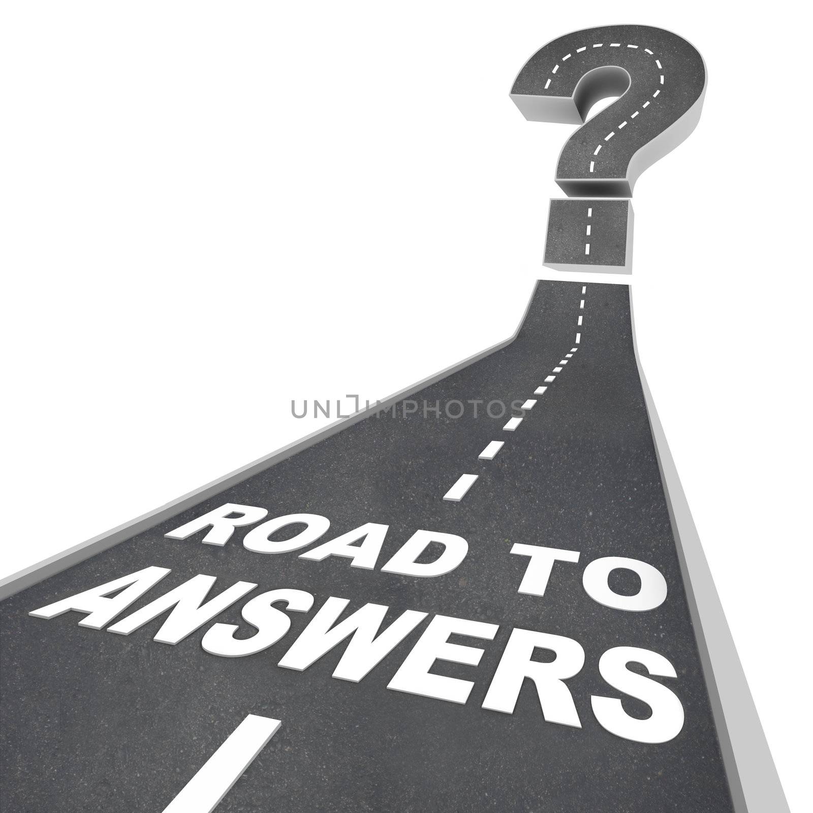 The words Road to Answers in white letters on a street leading to a question mark, symbolizing the need to seek solutions to questions and challenges