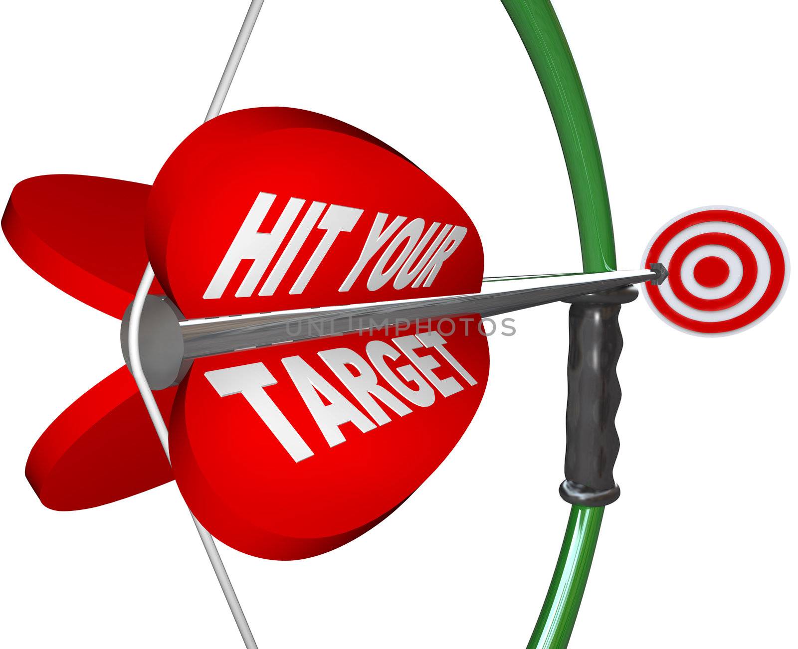 An arrow  with the words Hit Your Target is pulled back on the bow and is aimed at a red bulls-eye target, symbolizing the aim and focus it takes to achieve your goal and reach your objective of success
