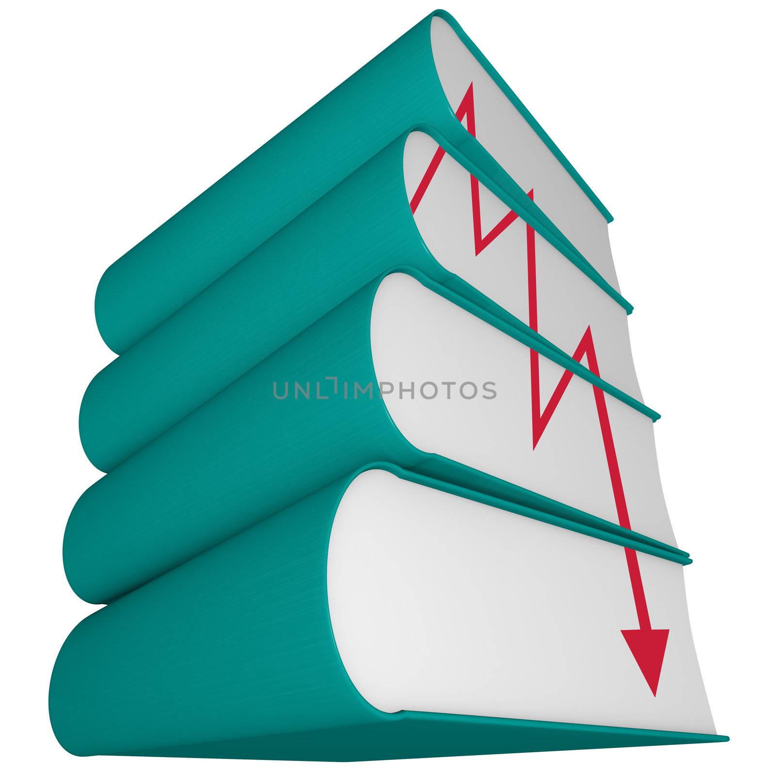 An arrow plunges, depicted on the side of a stack of books, representing the death of the old-fashioned publishing industry in an era of e-books and new media