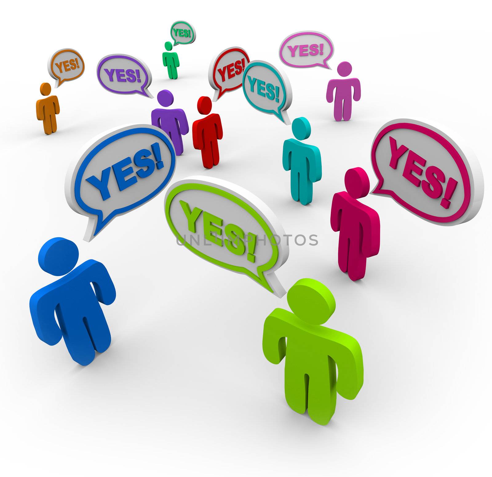 Many people talking at the same time, pledging their support or approval with the word Yes repeated in several speech bubbles