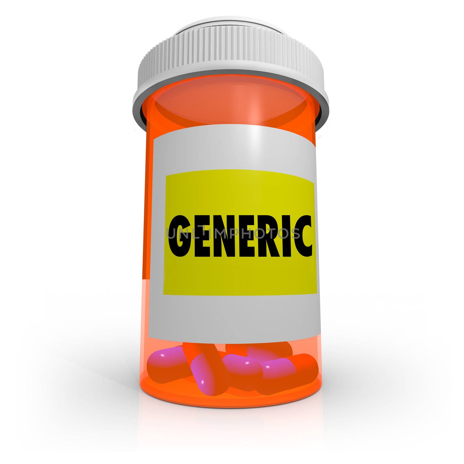An orange prescription bottle that contains several pills has a label that reads Generic