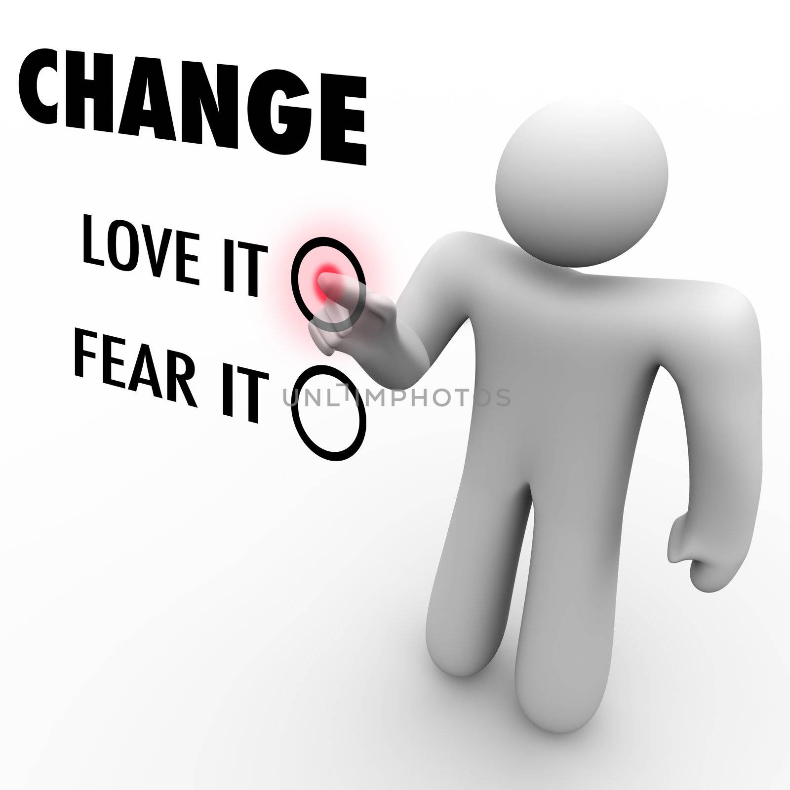 A man presses a button beside the word Change when asked to choose between loving or fearing change