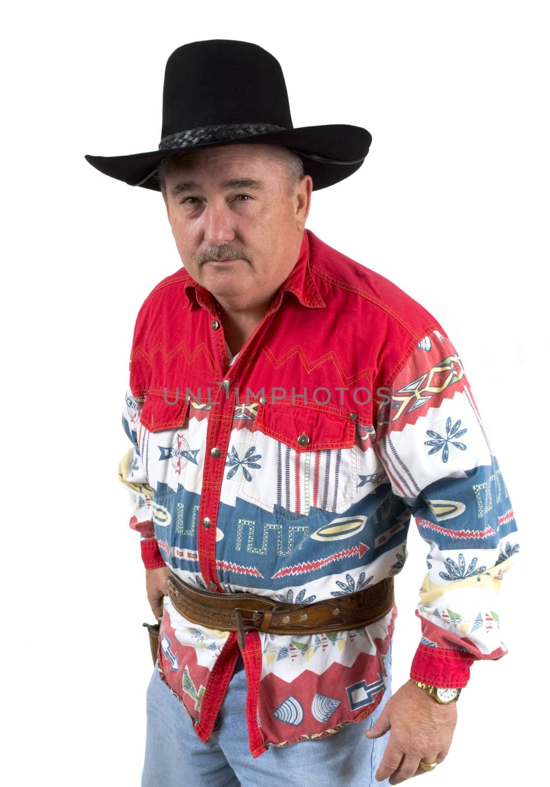Old cowboy staring down opponent ready to draw revolver on a white background