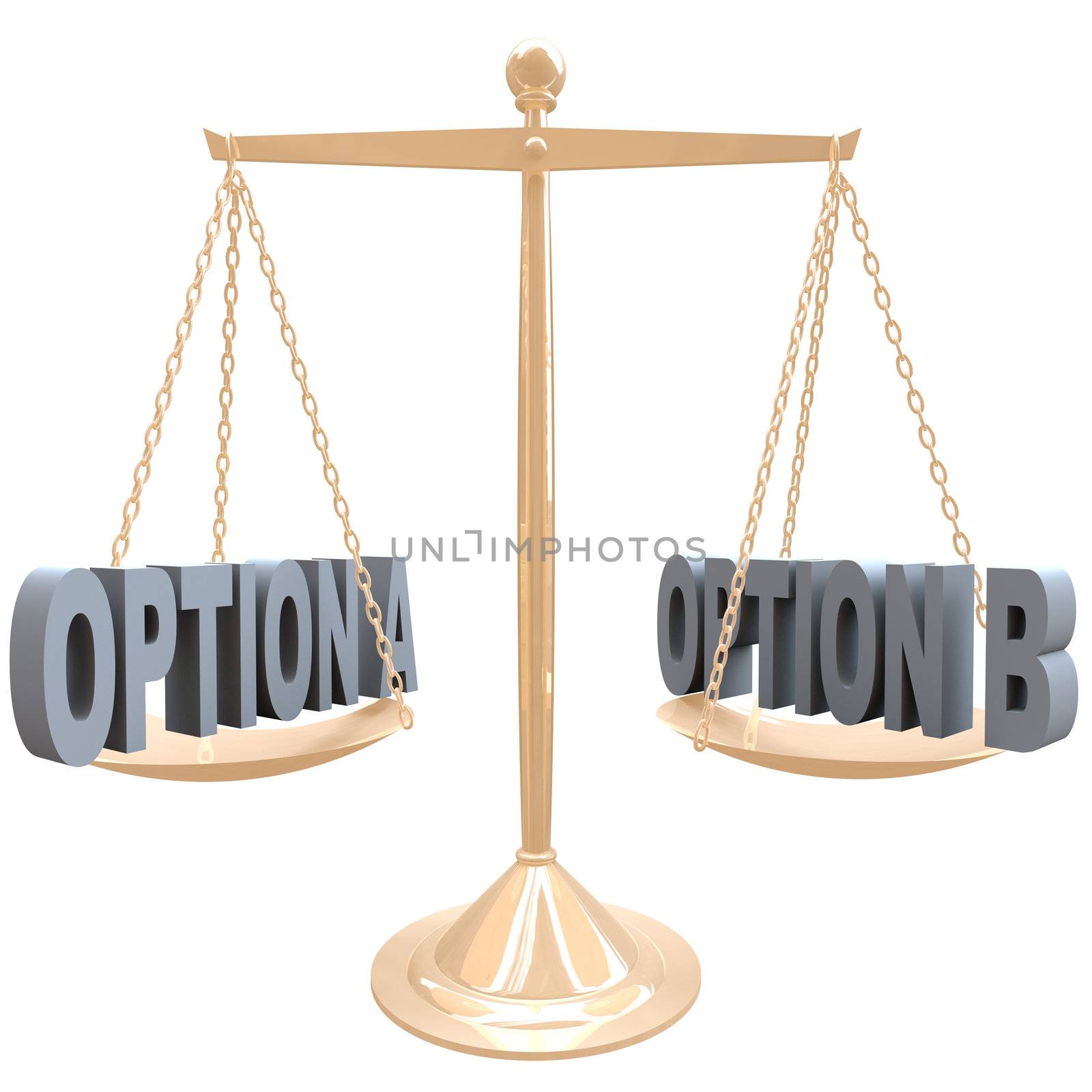 The words Option A and Option B on a gold metal scale, symbolizing the comparision of differences between two choices or selections