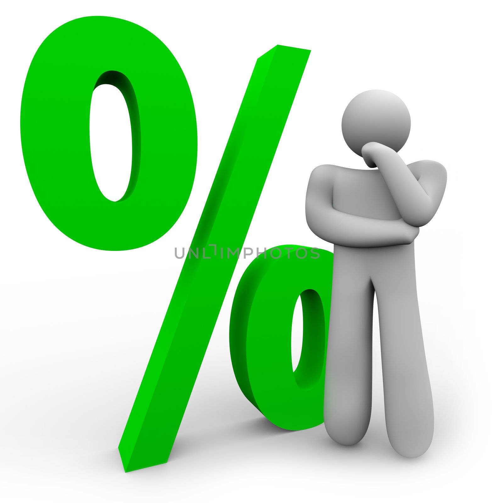 A man is thinking in front of a green percentage symbol, representing the comparison between different interest rates or statistics