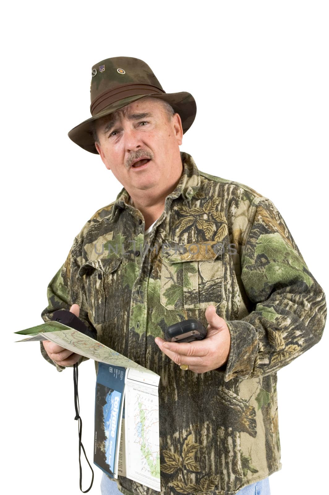 Man in Camouflage clothing using national forest maps and two gps's and still lost on a white background