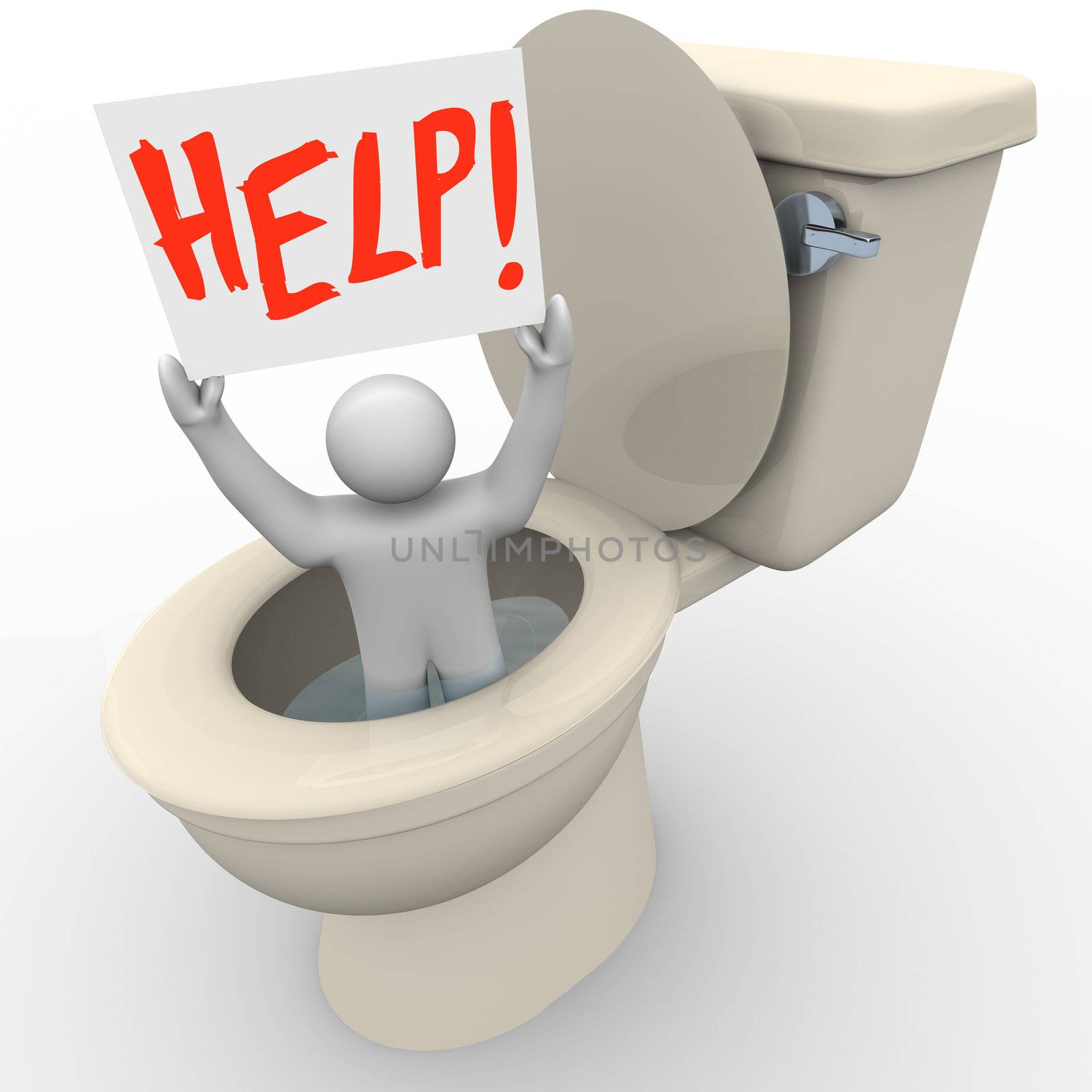 Man Stuck in Toilet Holding Help Sign - Emergency SOS by iQoncept