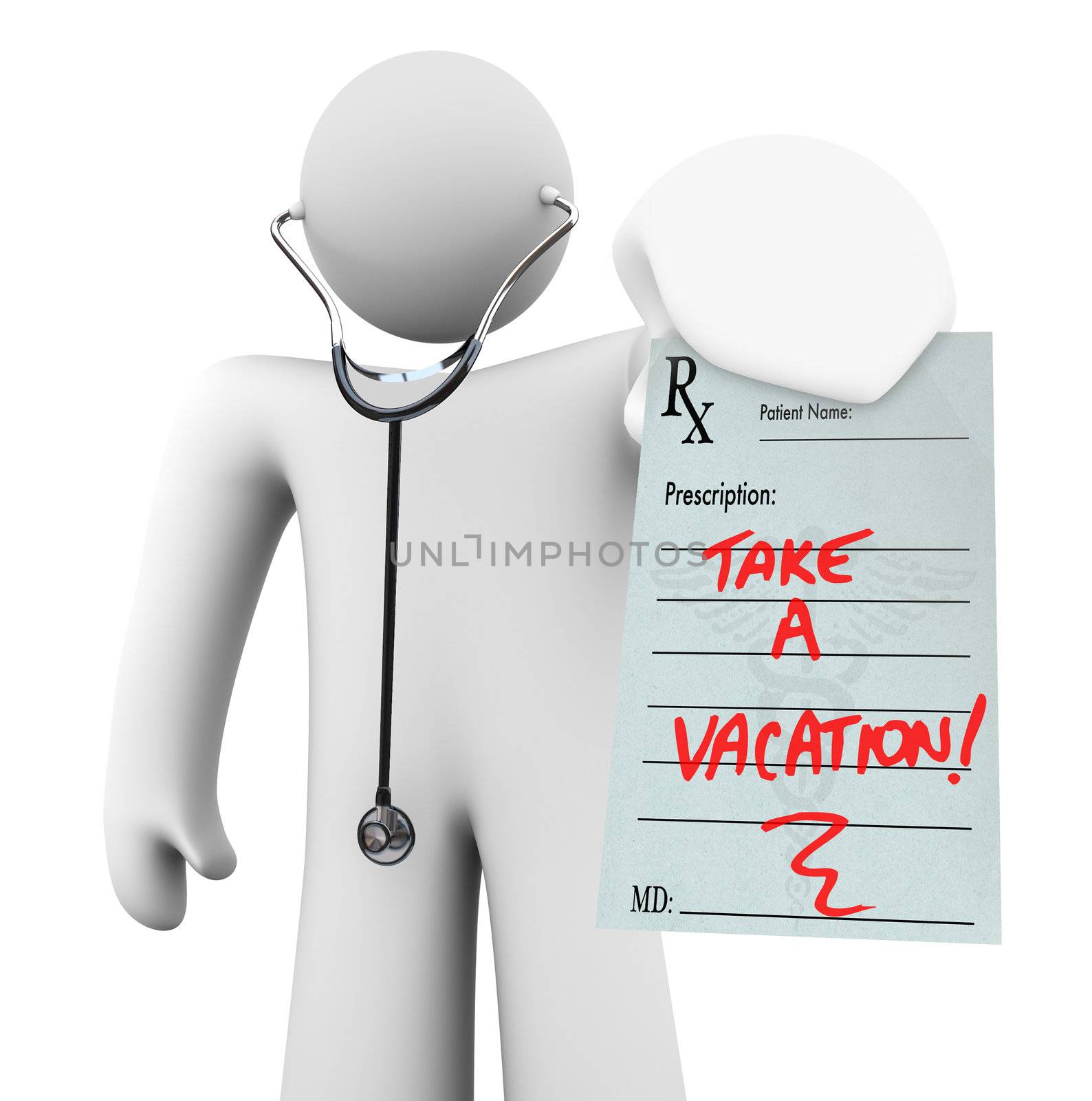 A doctor holds a prescription with the words Take a Vacation written on it, symbolizing the need to reduce stress and improve your health by taking a break and enjoying time off to rejuvenate