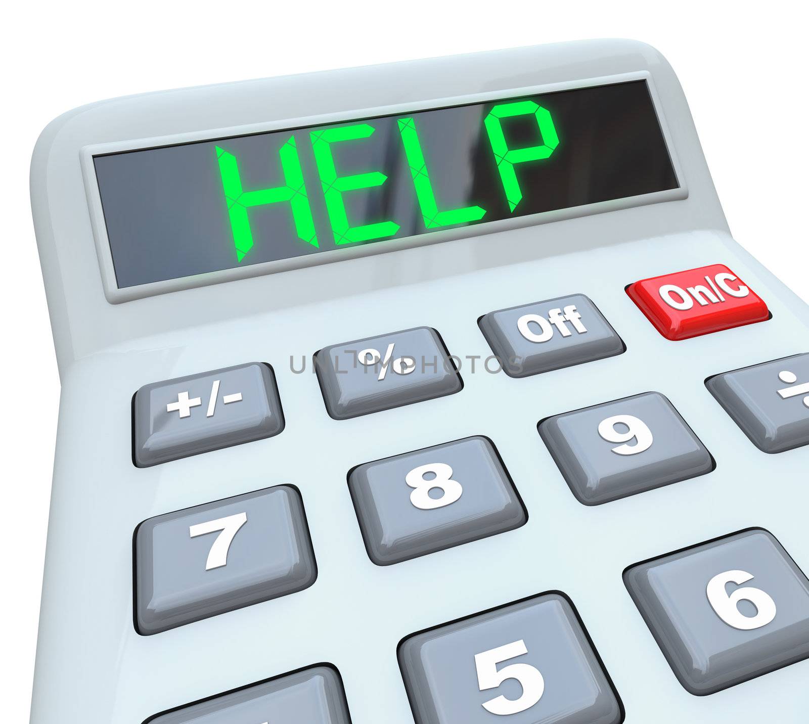 A plastic calculator displays the word Help symbolizing the need for assistance in resolving a financial crisis