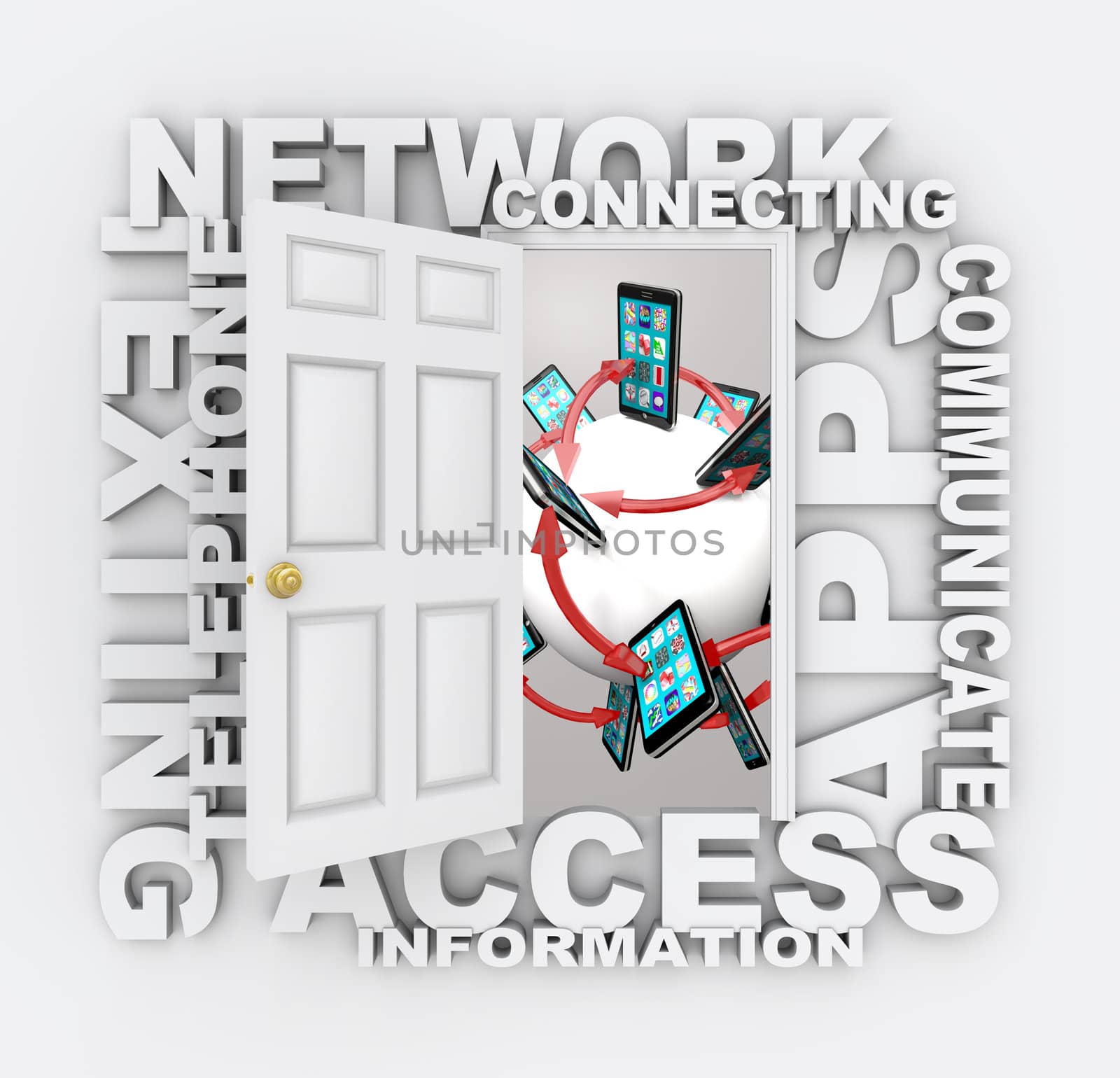 A doorway opens to a communication network of smart phones with many apps displayed, surrounded by technology related words such as networking, connection, texting and information