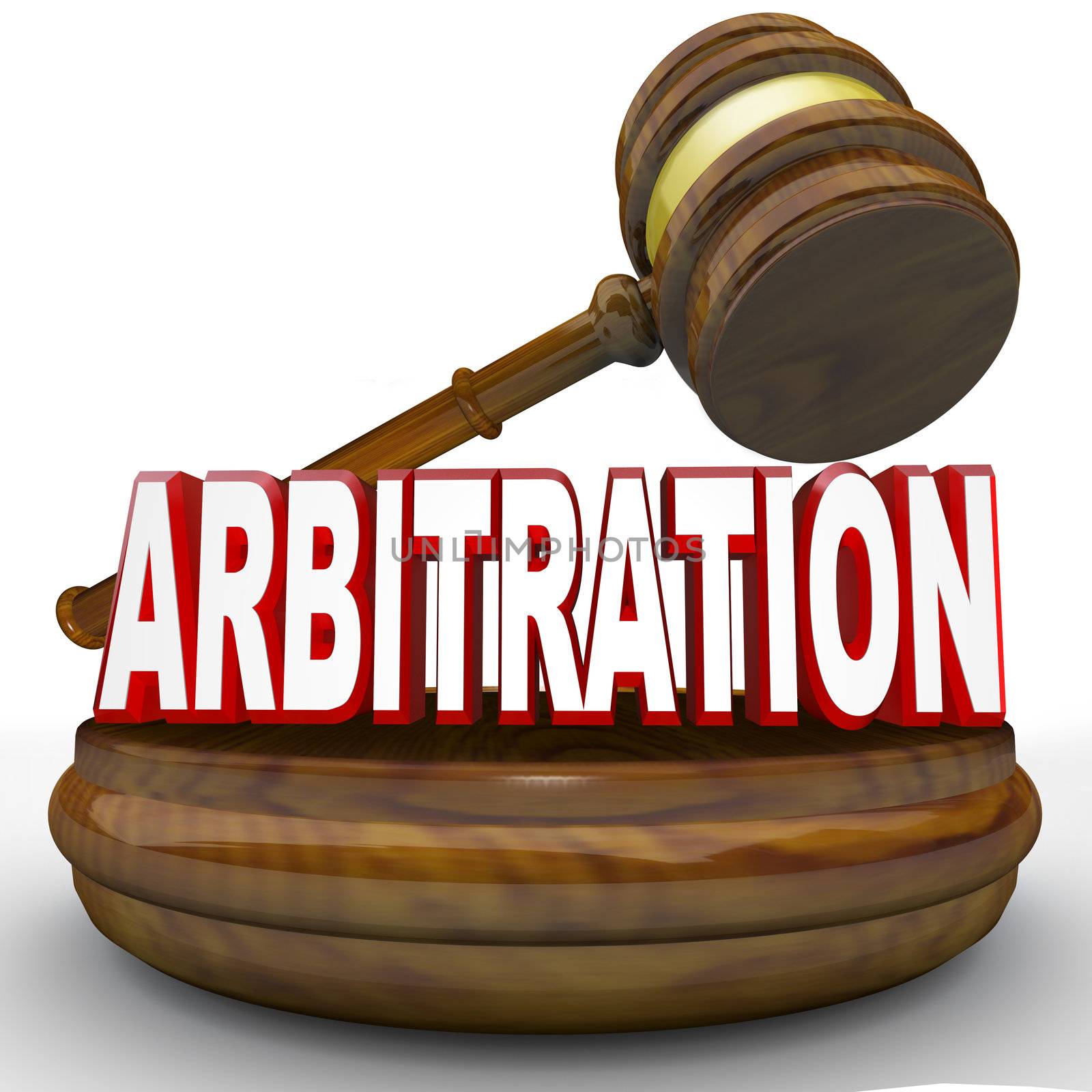 A gavel comes down on the word Arbitration to symbolize the binding decision of a third party to settle a case