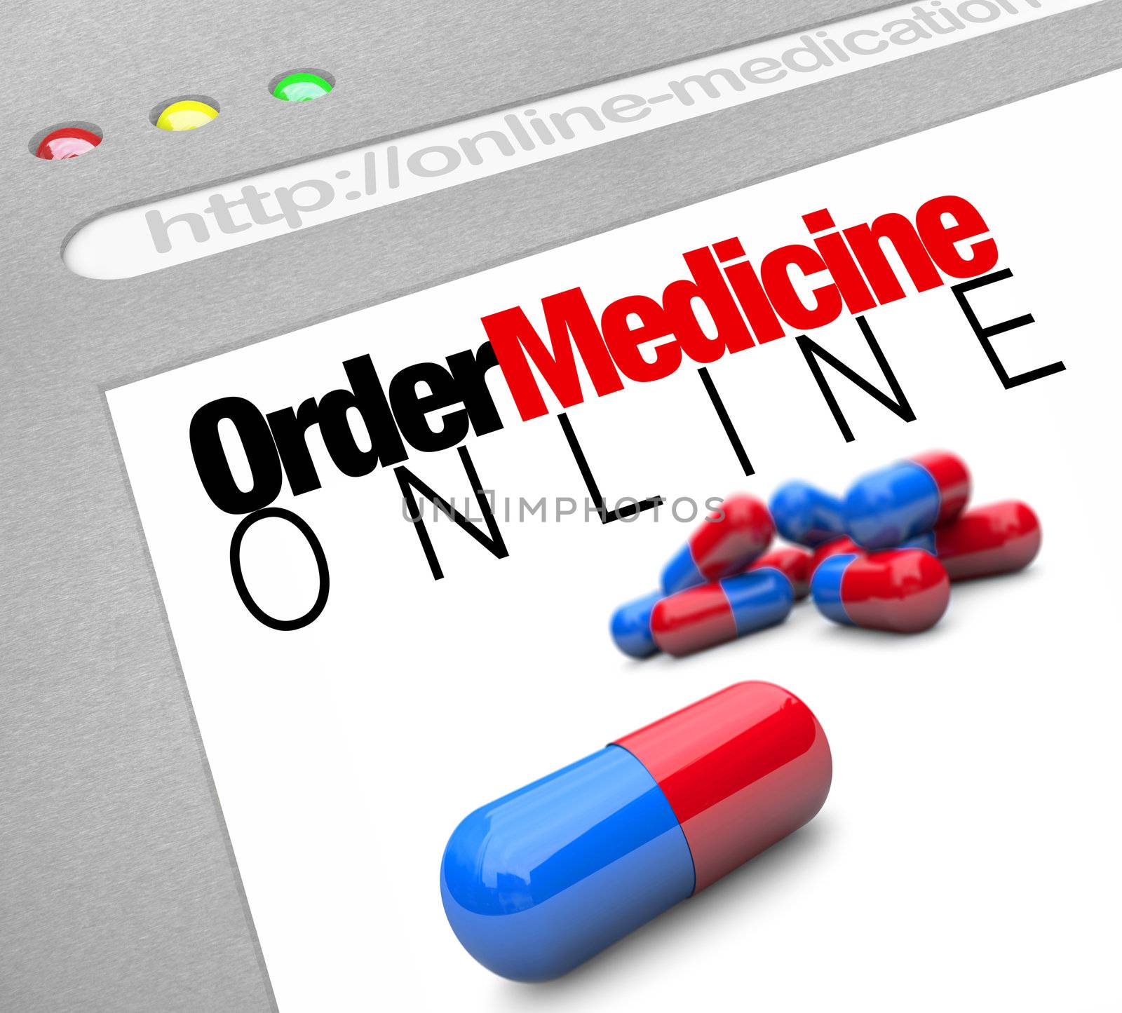 A web browser window shows the words Order Medicine Online and a picture of some capsule pills, symbolizing the ease and savings one can experience when ordering or refilling prescription medication on the internet