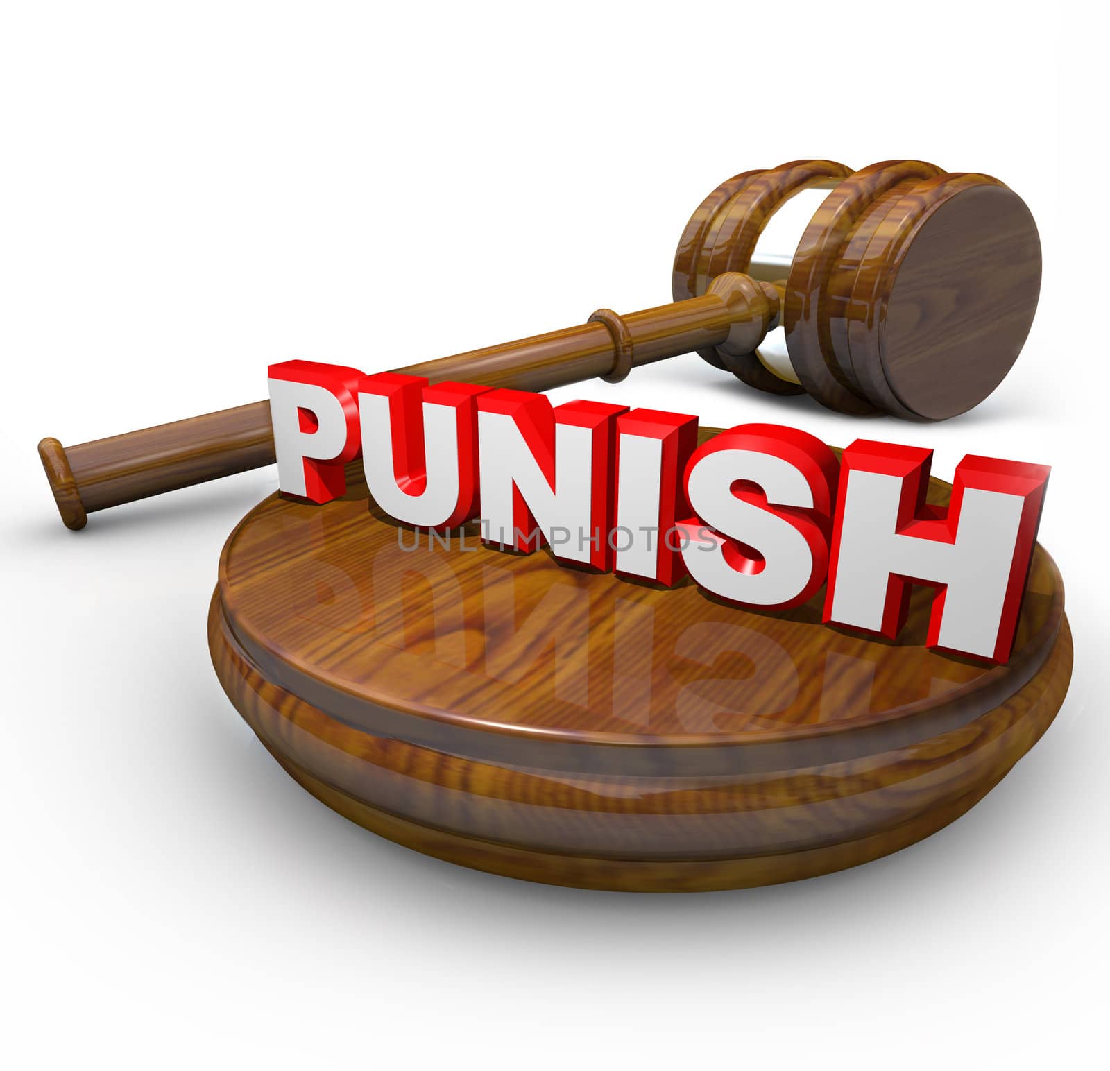 A judge's gavel and the word Punish, symbolizing the hearing of an argument for a defendant who is found guilty and the decision of sentencing