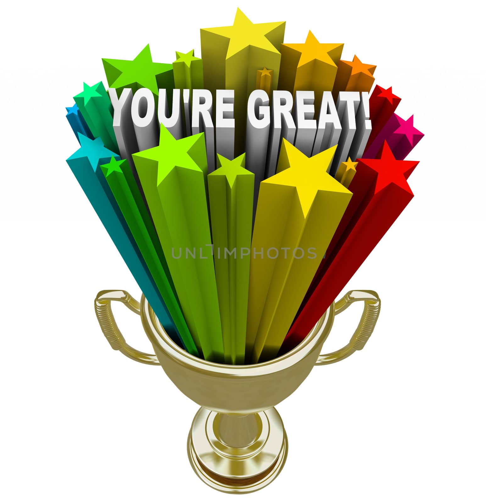A golden trophy with the words You're Great, symbolizing praise, recognition or commendation for a job well done
