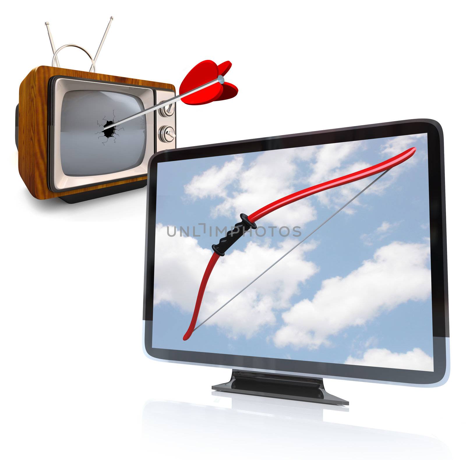 An HDTV with an archery bow and an old fashioned television with a broken screen hit by an arrow, symbolizing the death of traditional television