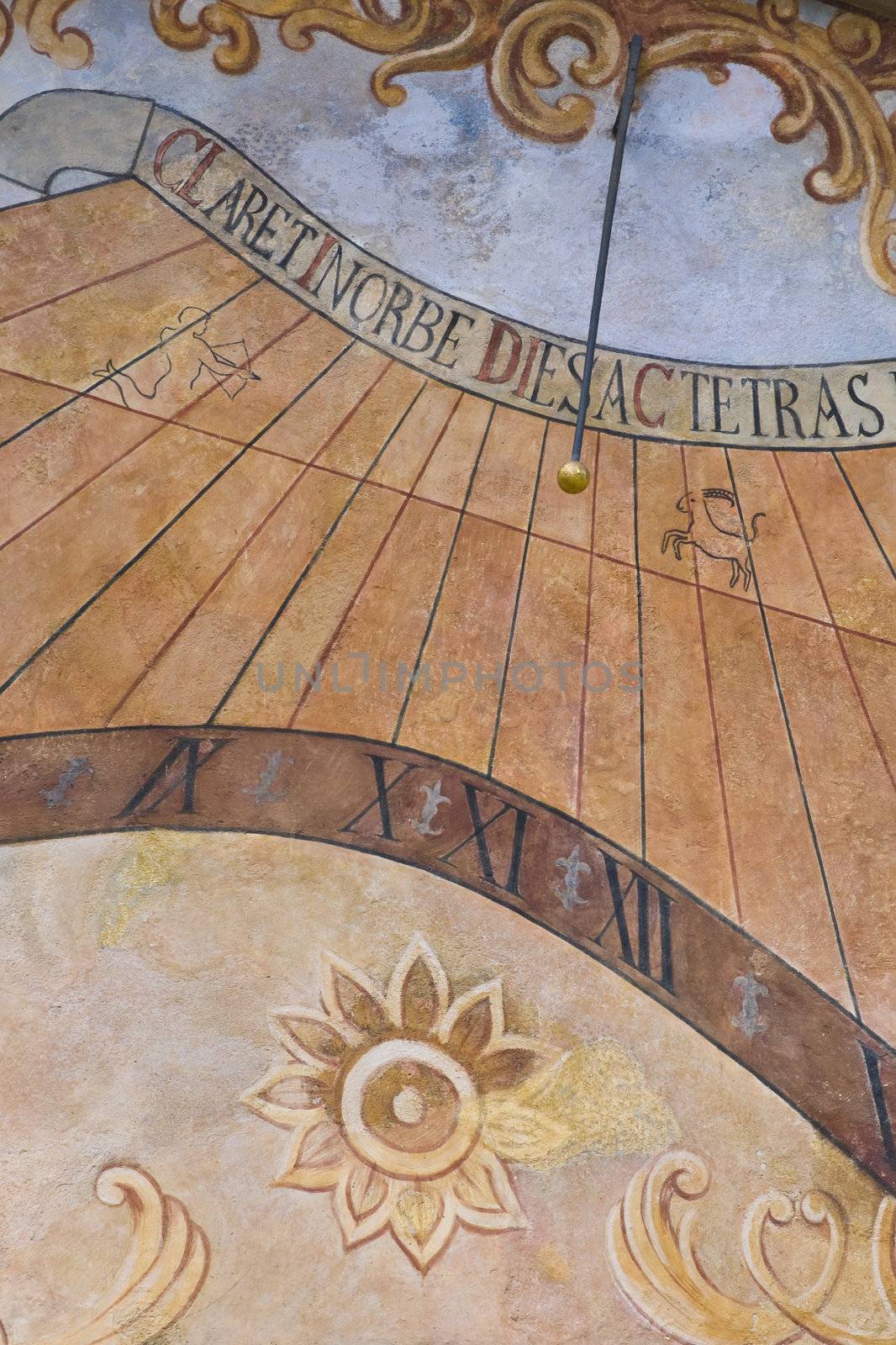 detail of a beautiful old sun dial in Prague