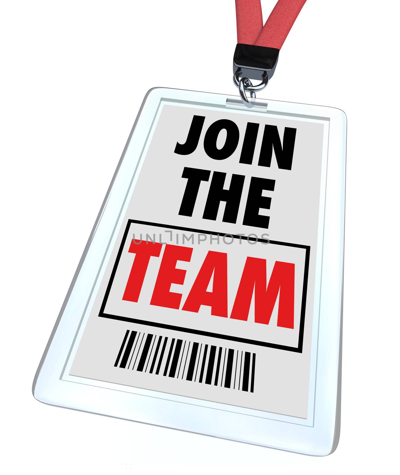 A badge and lanyard with printed pass reading Join the Team, symbolizing getting hired at a job and working toward teamwork