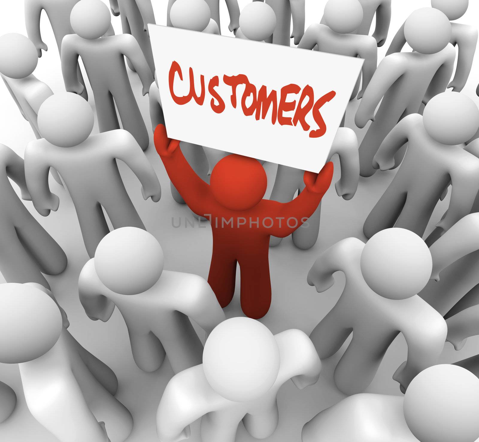 A red person stands out in a crowd holding a sign reading Customers, symbolizing the targeting of consumers in a marketing campaign