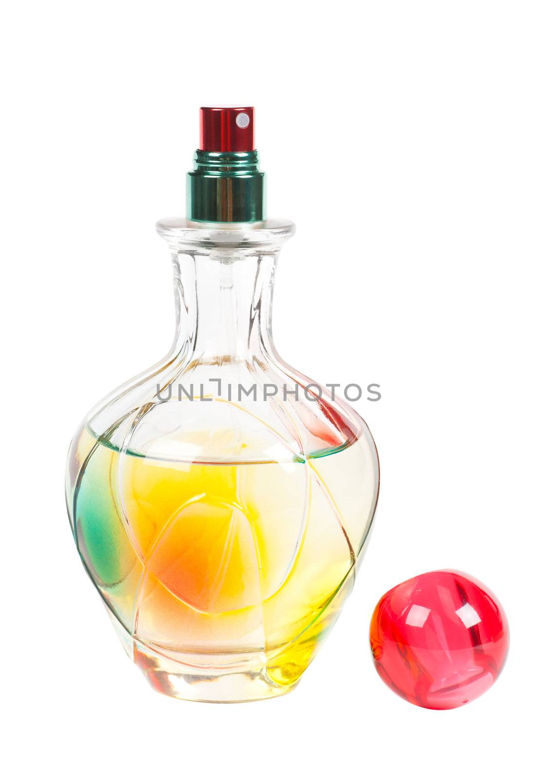 Sprayer of transparent perfume bottle isolated on while background. Macro view.