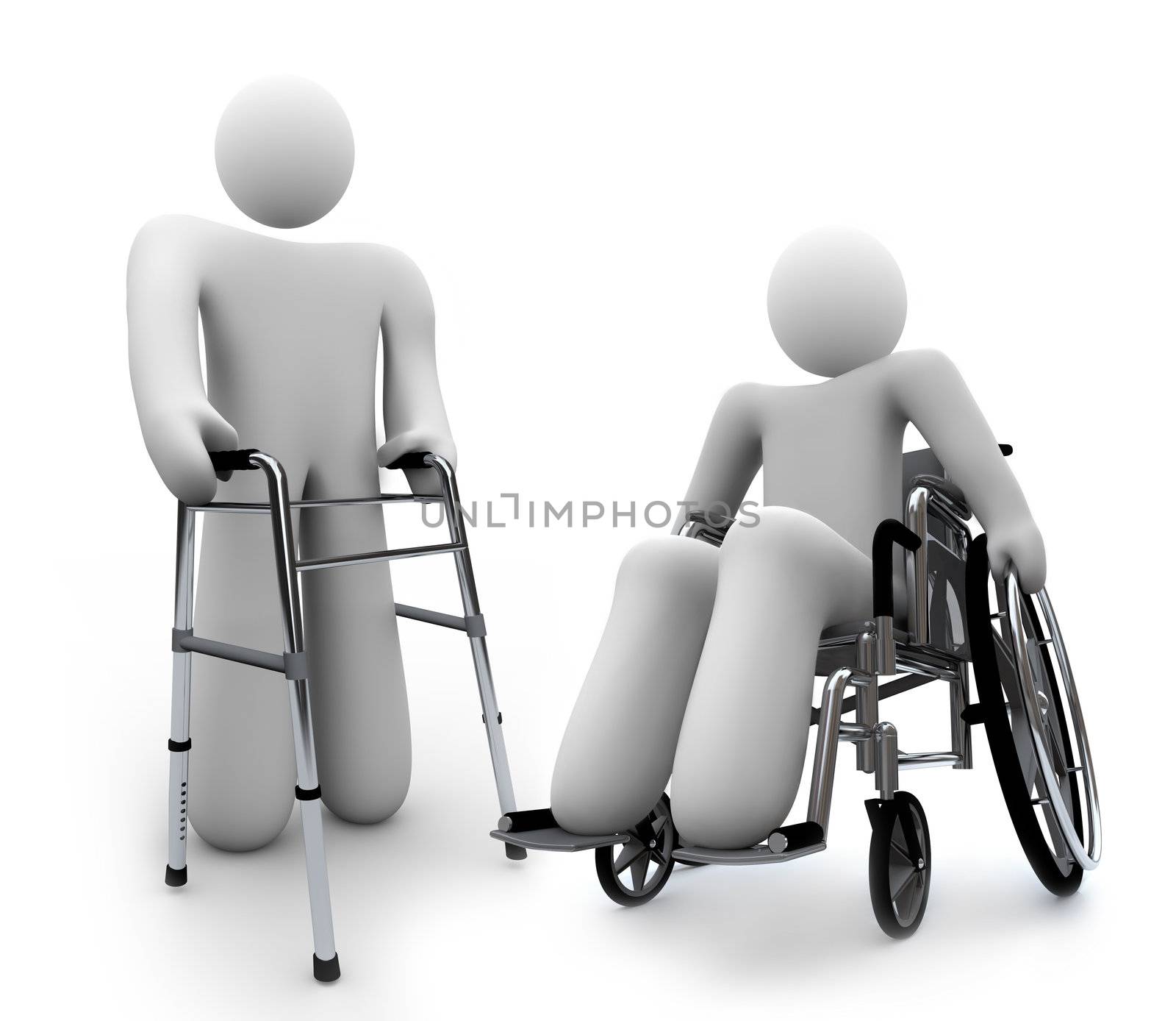 A disabled person sits in a wheelchair on white background, alongside another person with a physical handicap using a walker