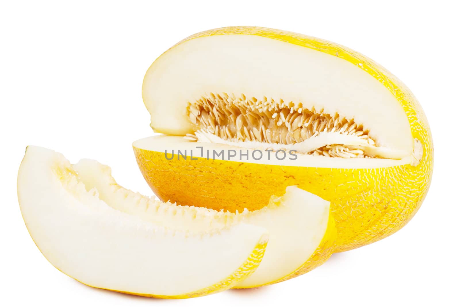 Sliced melon with many seeds over white background