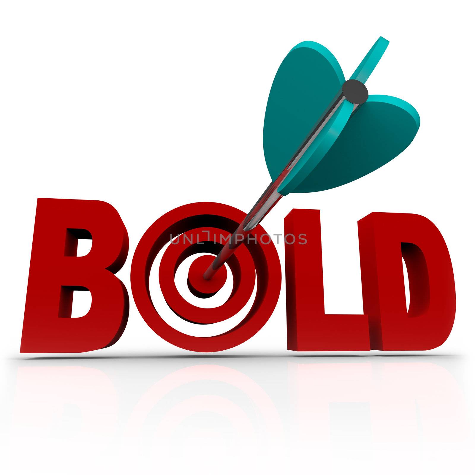 The word Bold with an arrow striking a bullseye target, symbolizing the need to be confident and aggressive in overcoming a challenge