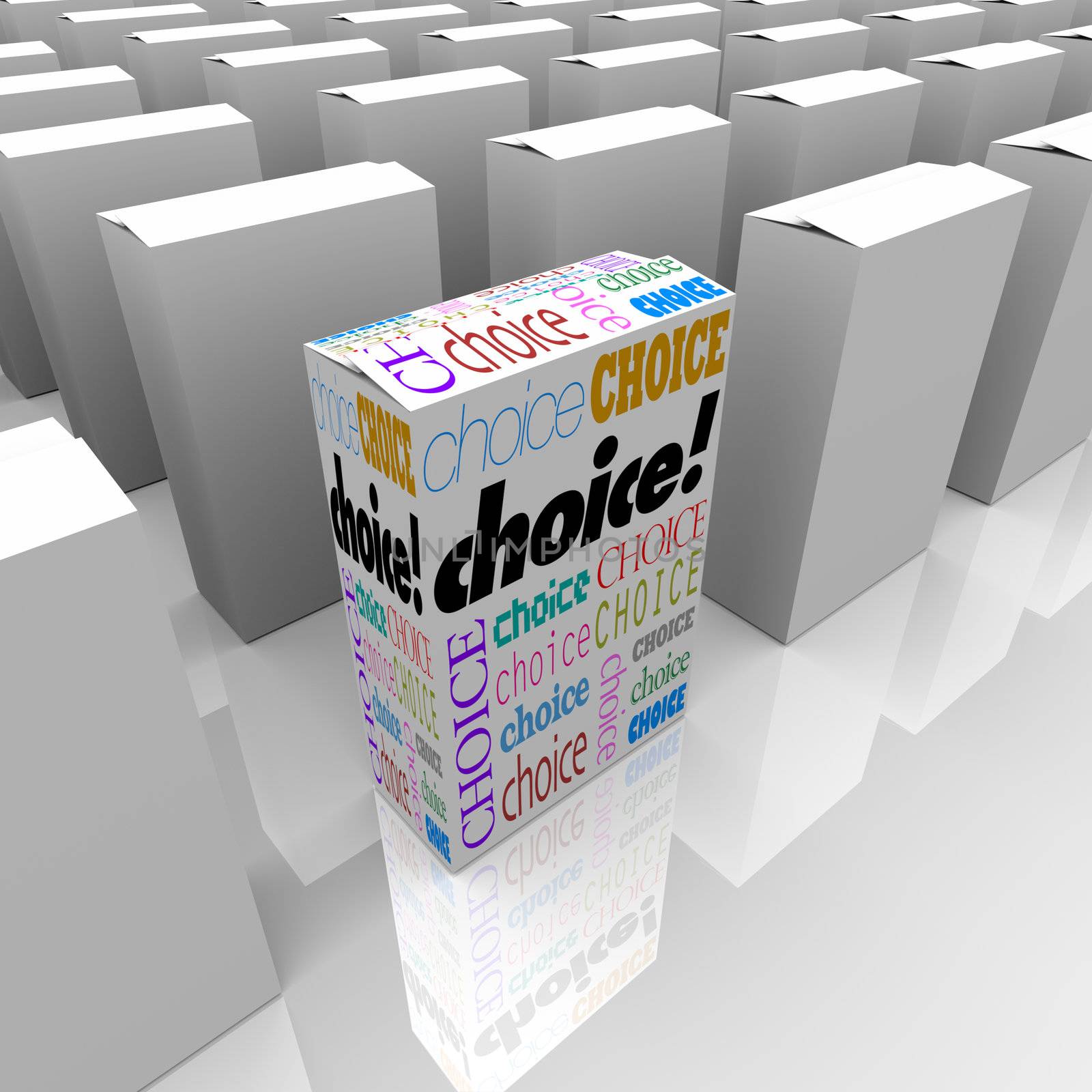 Many boxes on a store shelf, one with the word Choice representing a new and different opportunity to choose