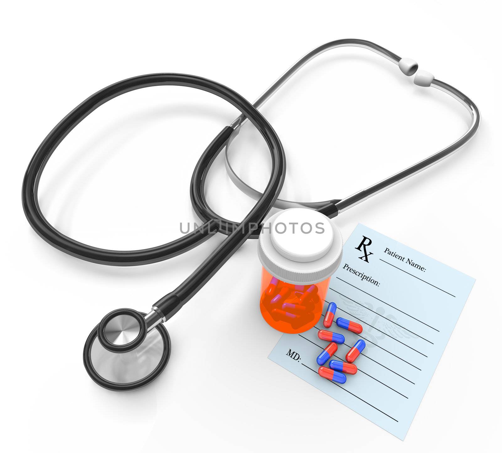 A black stethoscope on a white background with a medicine bottle and prescribed capsule pills