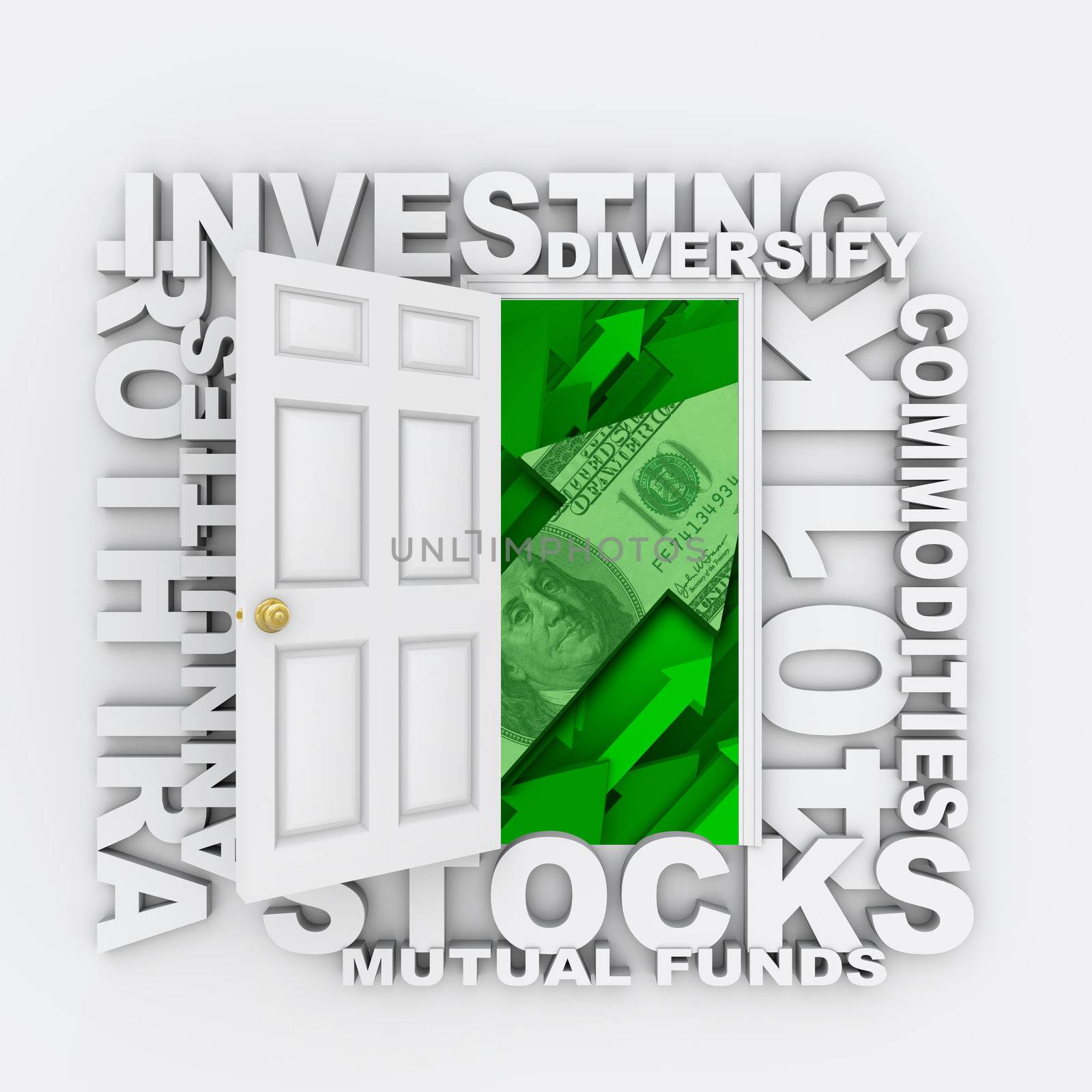 A door opens to reveal growing arrows and money, with diversified investment types listed, such as stocks, 401k, Roth IRA, annuities and more