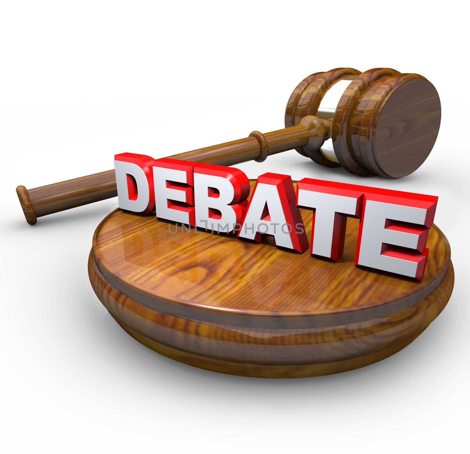 A judge's gavel and the word Debate, symbolizing the hearing of an argument between two opposing sides
