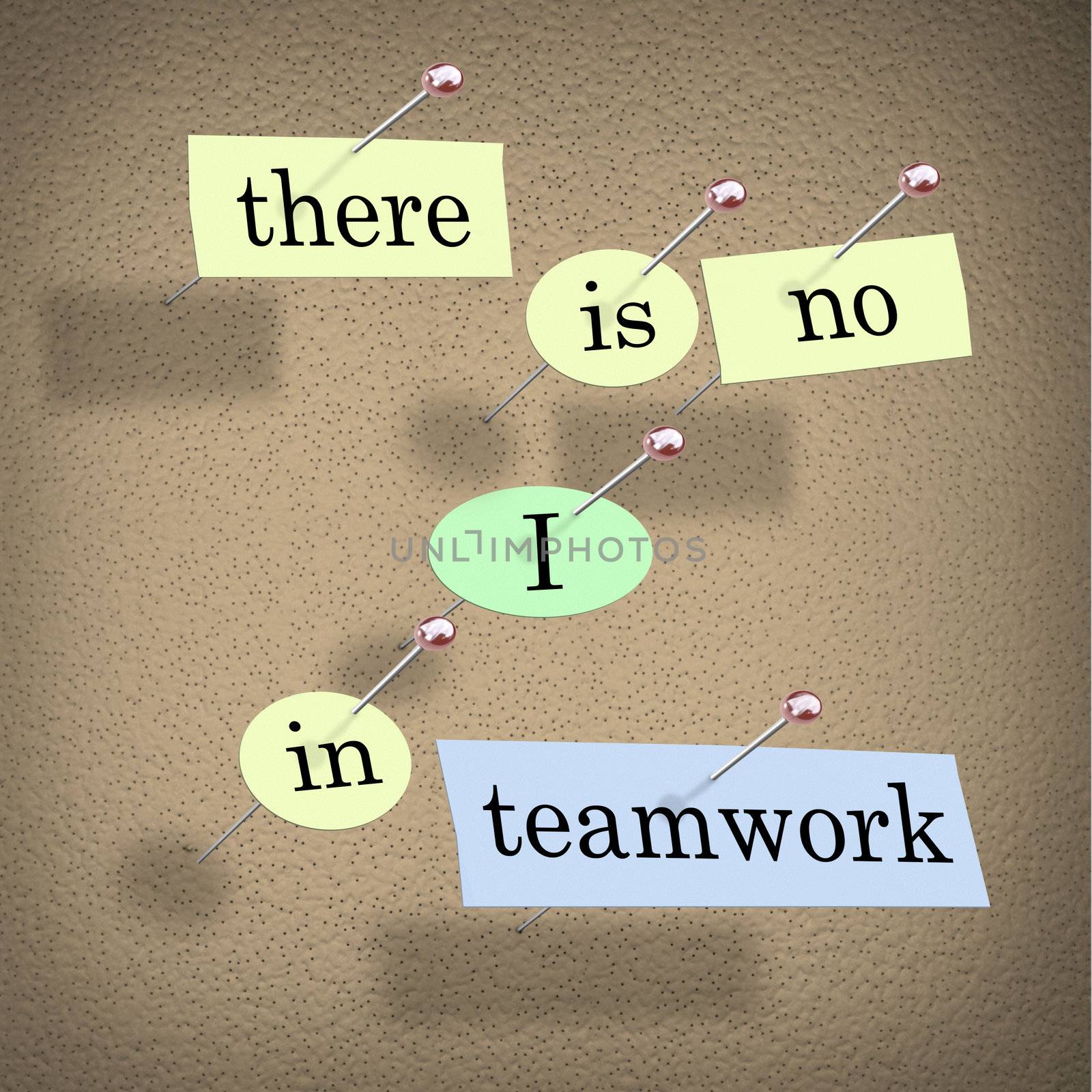 Pieces of paper each containing a word pinned to a cork board reading There is No I in Teamwork