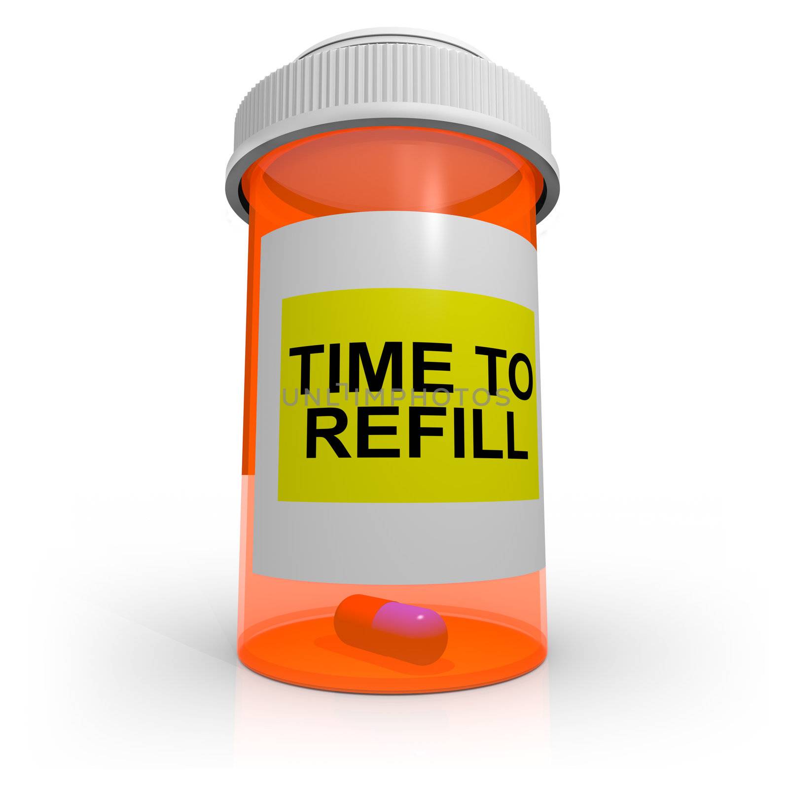 An orange prescription bottle that contains just one pill has a label that reads Time to Refill