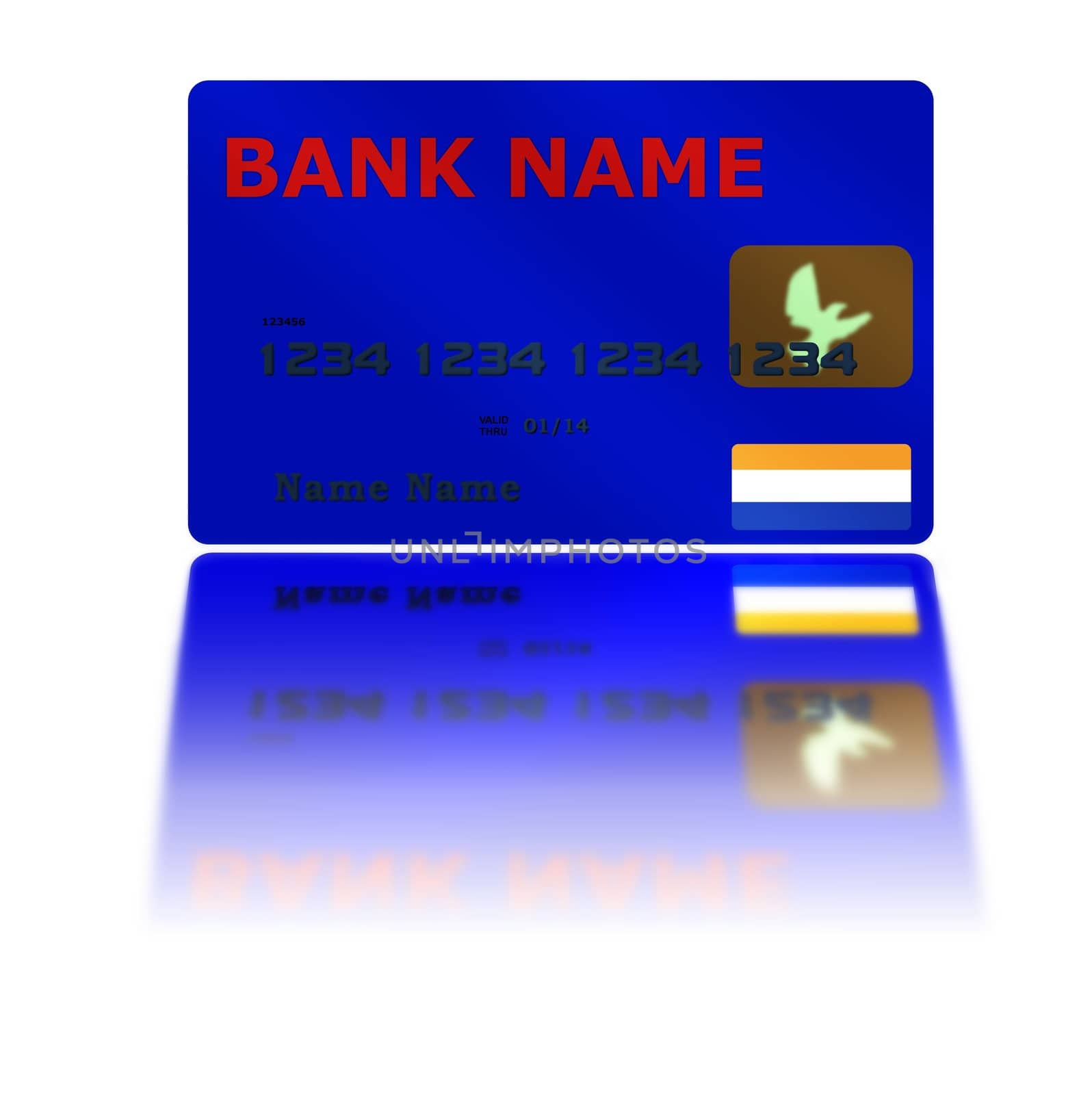 Blue Credit Card with reflection on white background