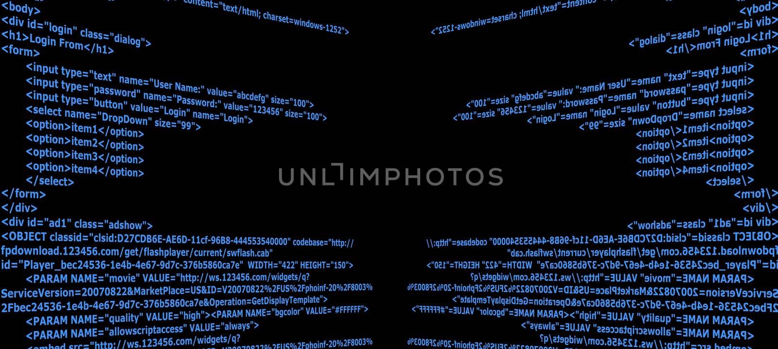 Blue Html code text with black background