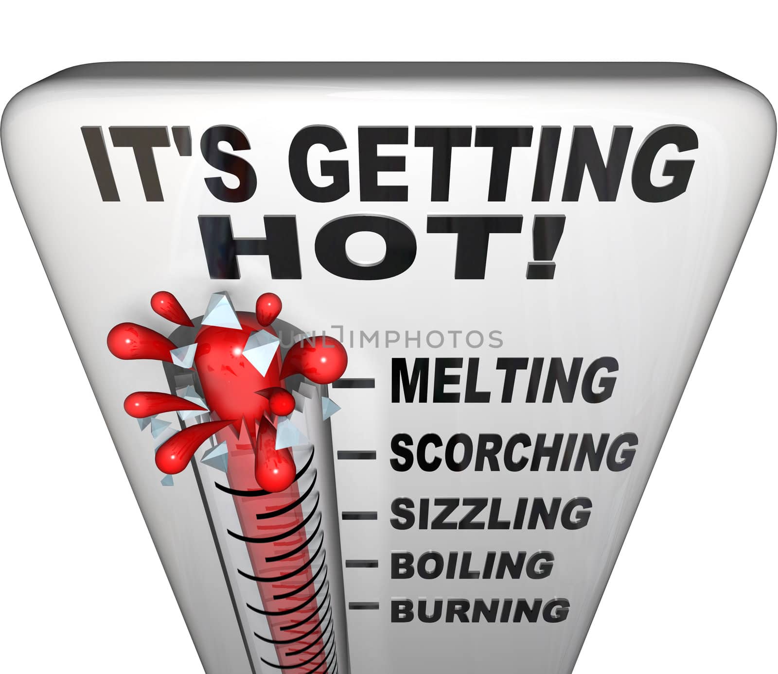 A thermometer with words It's Getting Hot at the top, with the mercury exploding through the glass and the descriptive terms melting, scorching, sizzling, boiling, burning